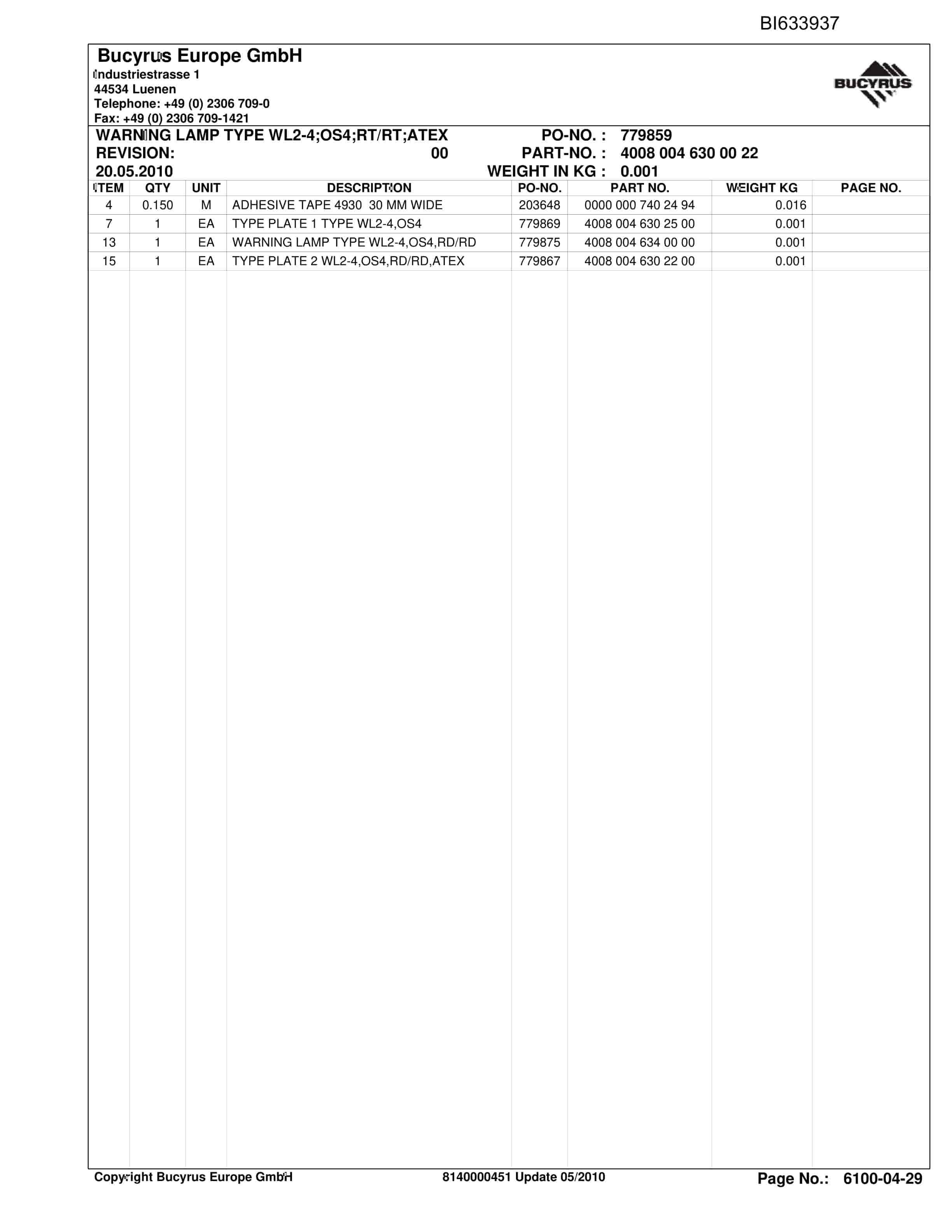 Bucyrus OBJ.CZ.CSM Shearer Parts Catalog BI633937-5