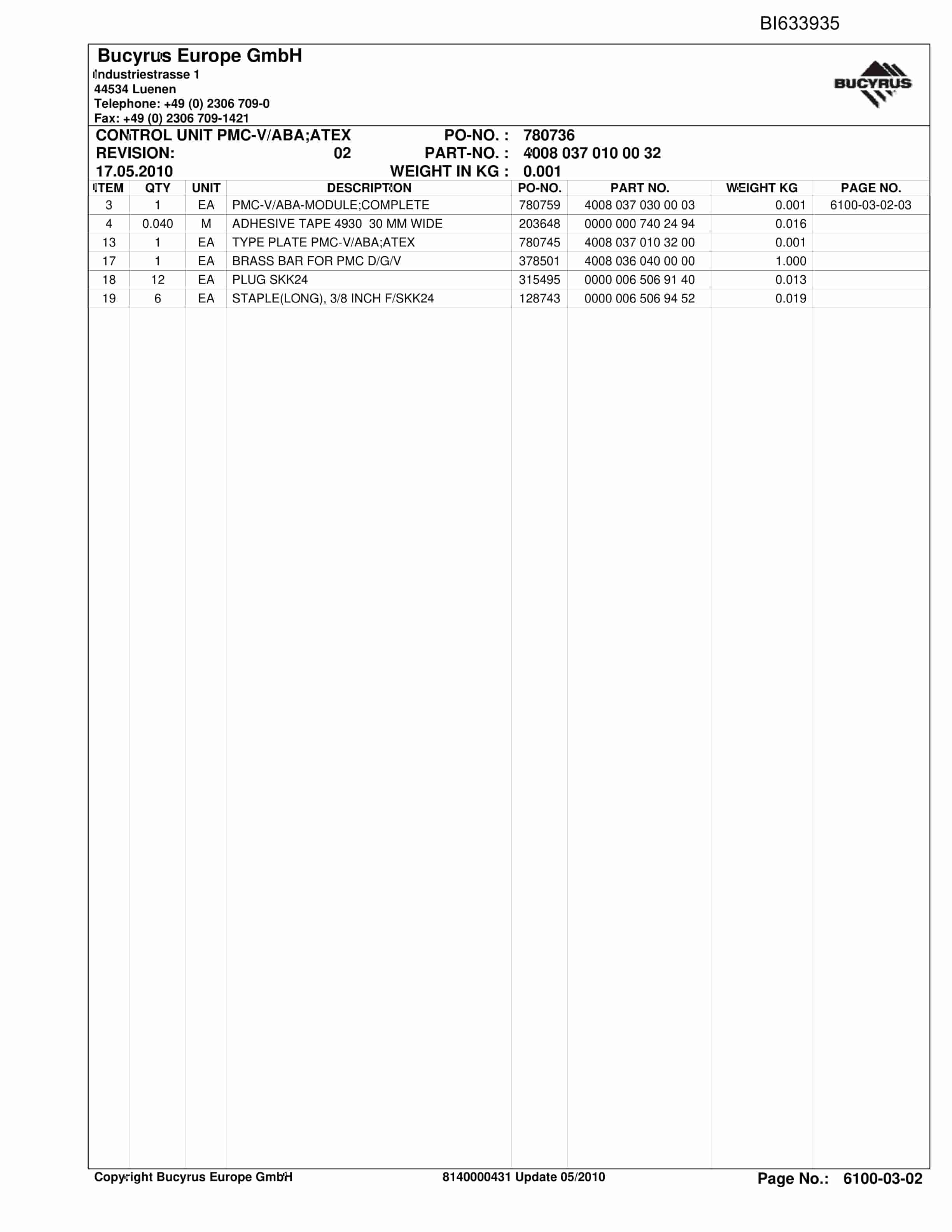 Bucyrus OBJ.CZ.LAZY Shearer Parts Catalog BI633935-3