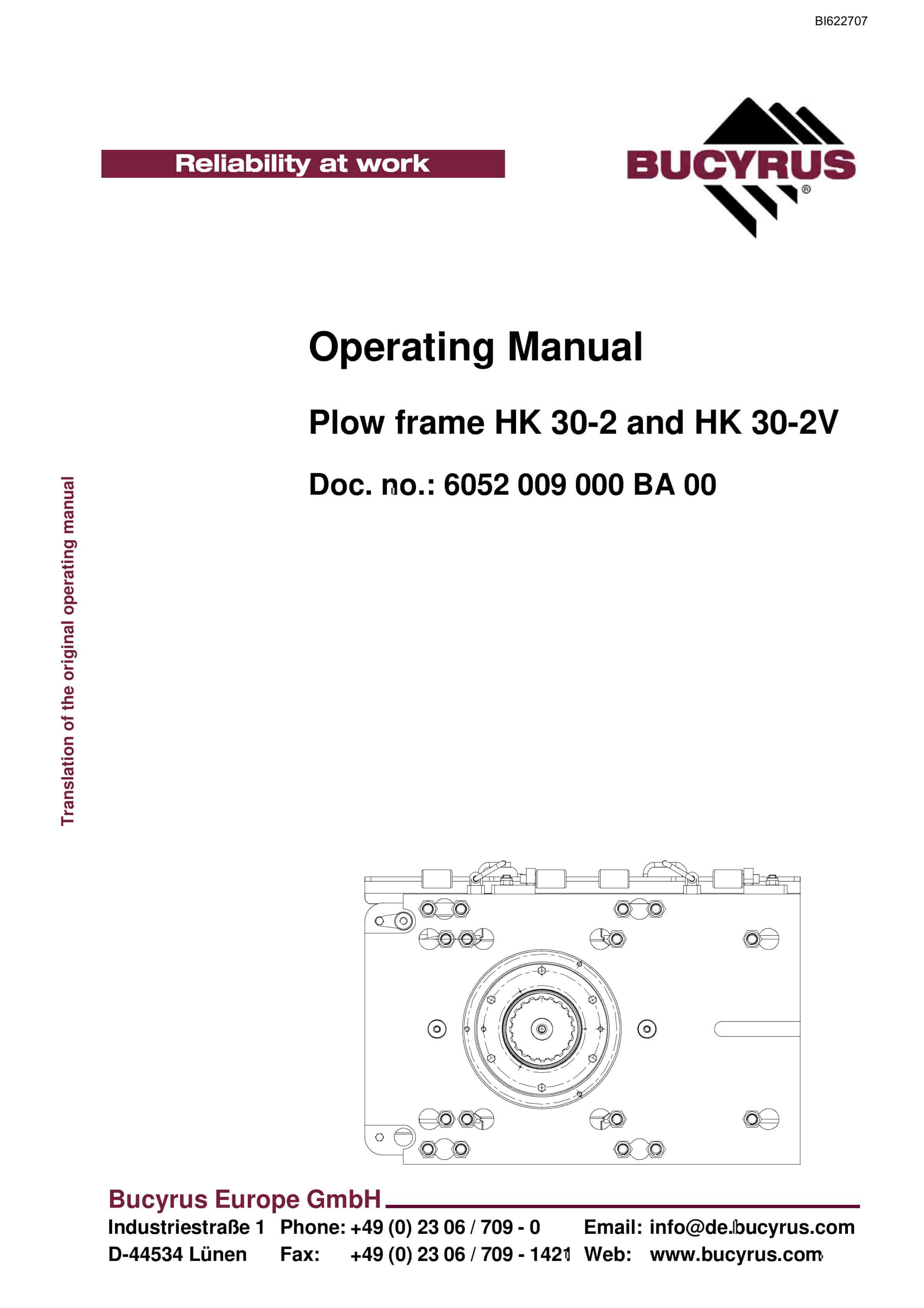 Bucyrus Plow Frame HK 30-2, HK 30-2V Operating Manual BI622707
