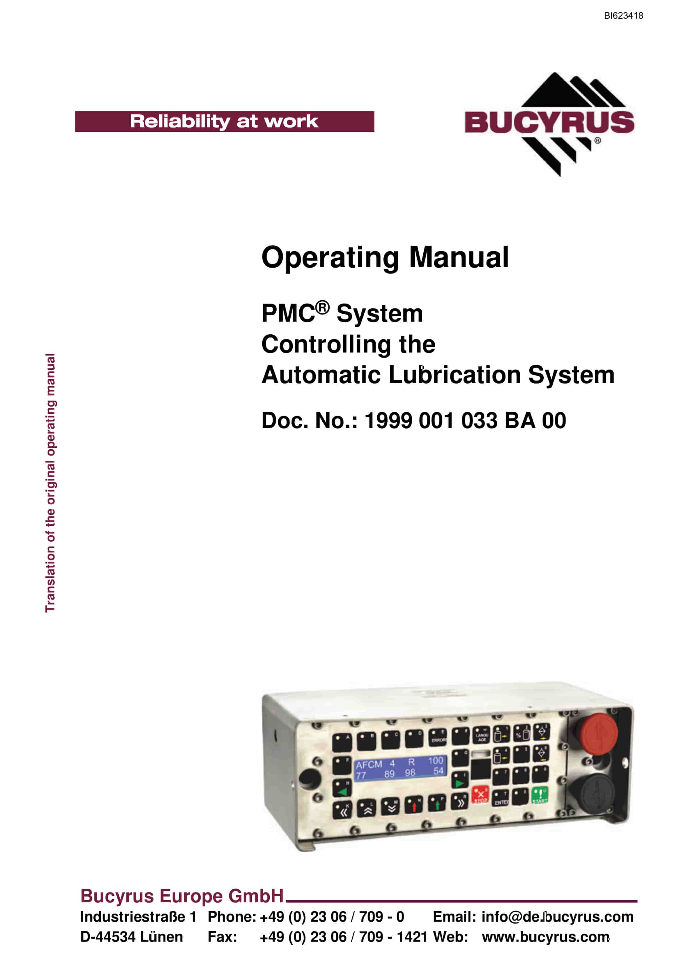 Bucyrus PMC System Controlling The Automatic Lubrication System Operating Manual BI623418