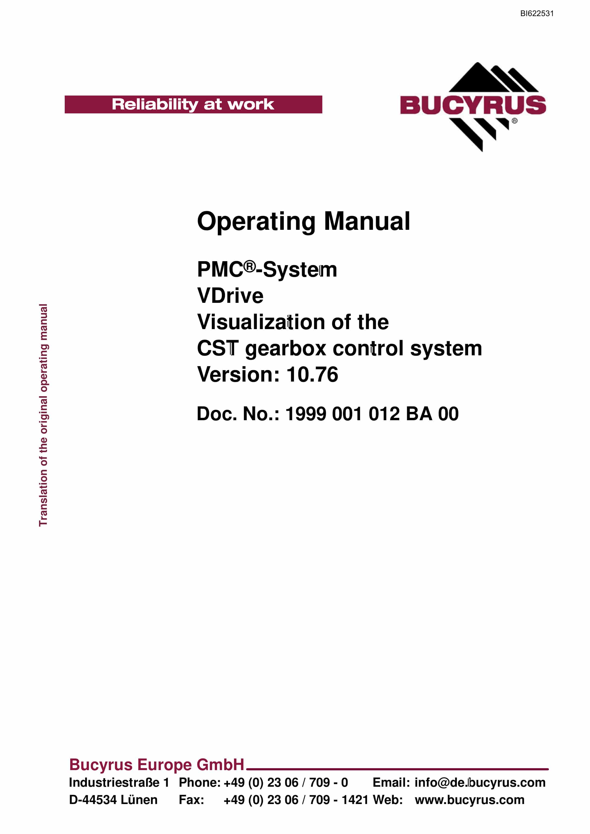 Bucyrus PMC-System VDrive Visualization Of The CST Gearbox Control System Ver 10.76 Operating Manual BI622531
