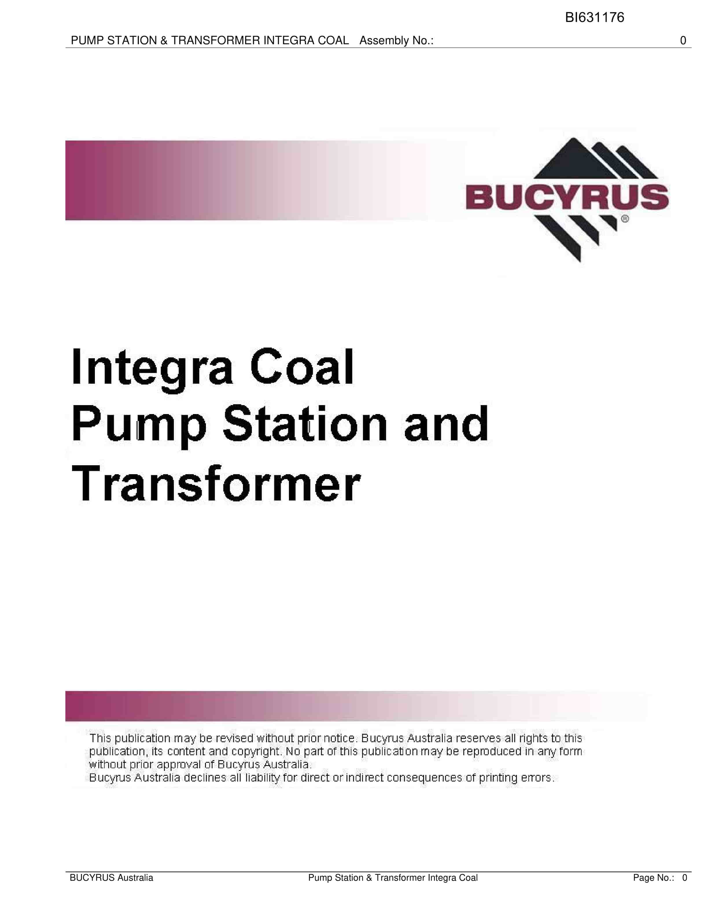 Bucyrus Pump Station And TransFormer Integra Coal Parts Catalog BI631176