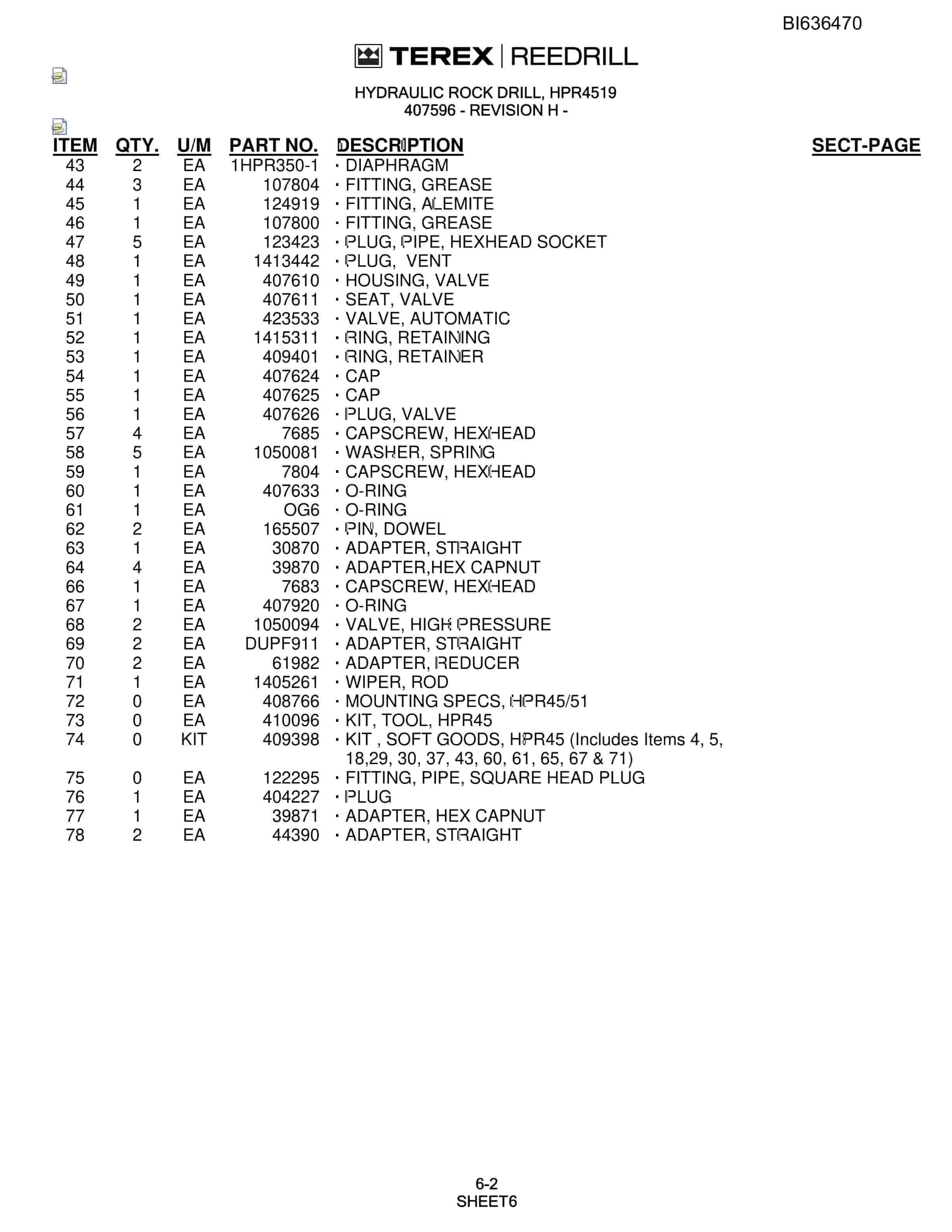 Bucyrus R20T-45 Parts Catalog BI636470-3