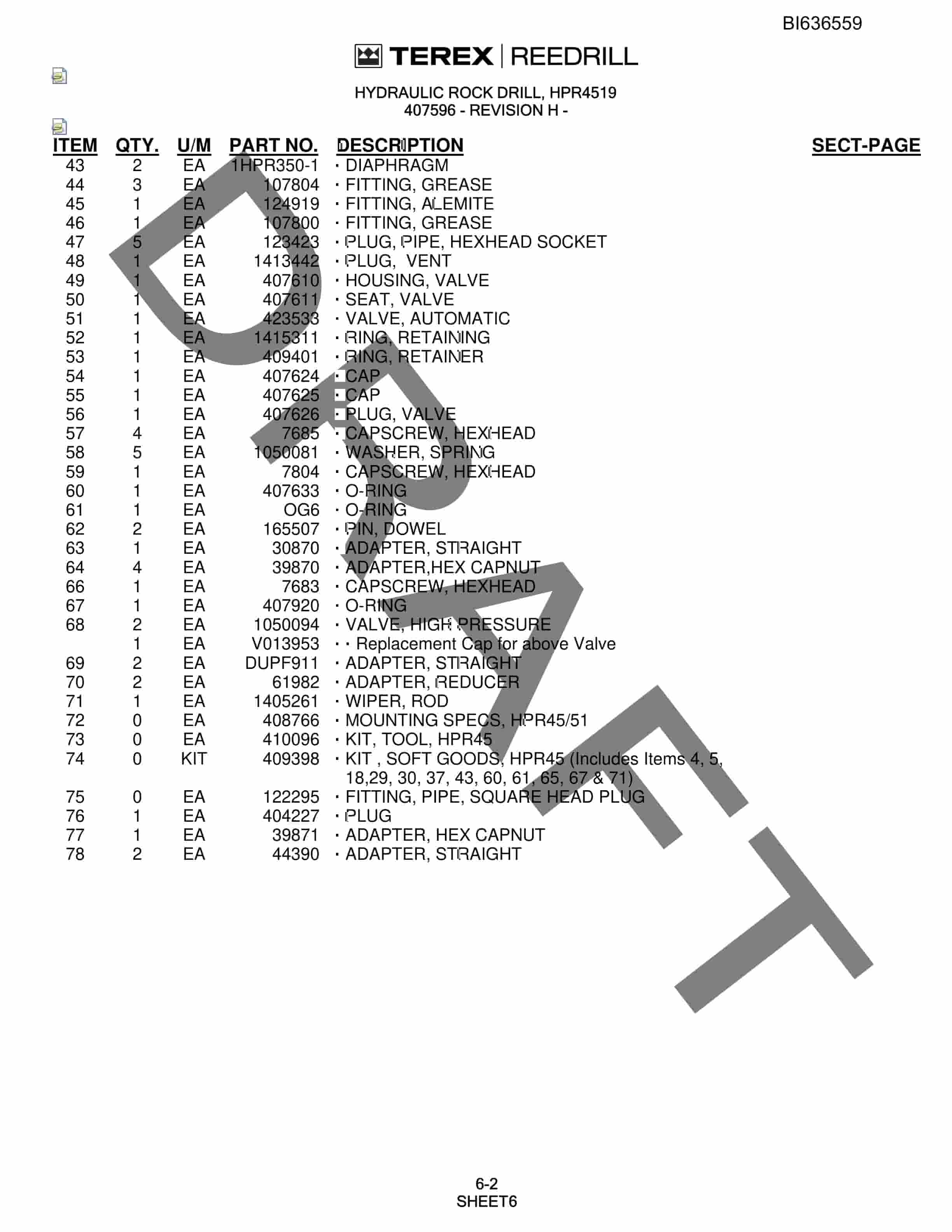 Bucyrus R20T-45 Parts Catalog BI636559-3