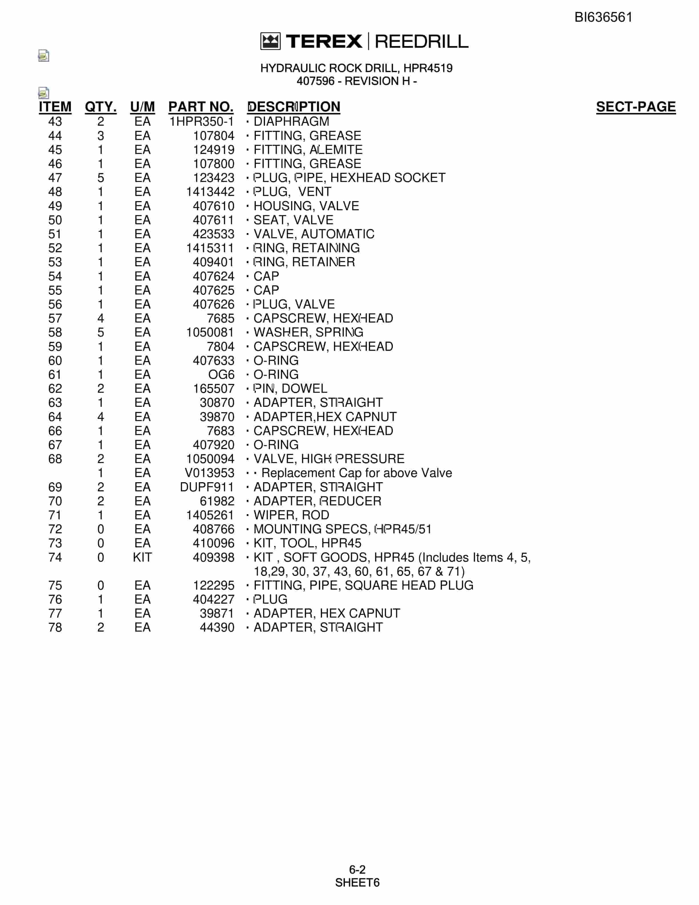 Bucyrus R20T-45 Parts Catalog BI636561-3