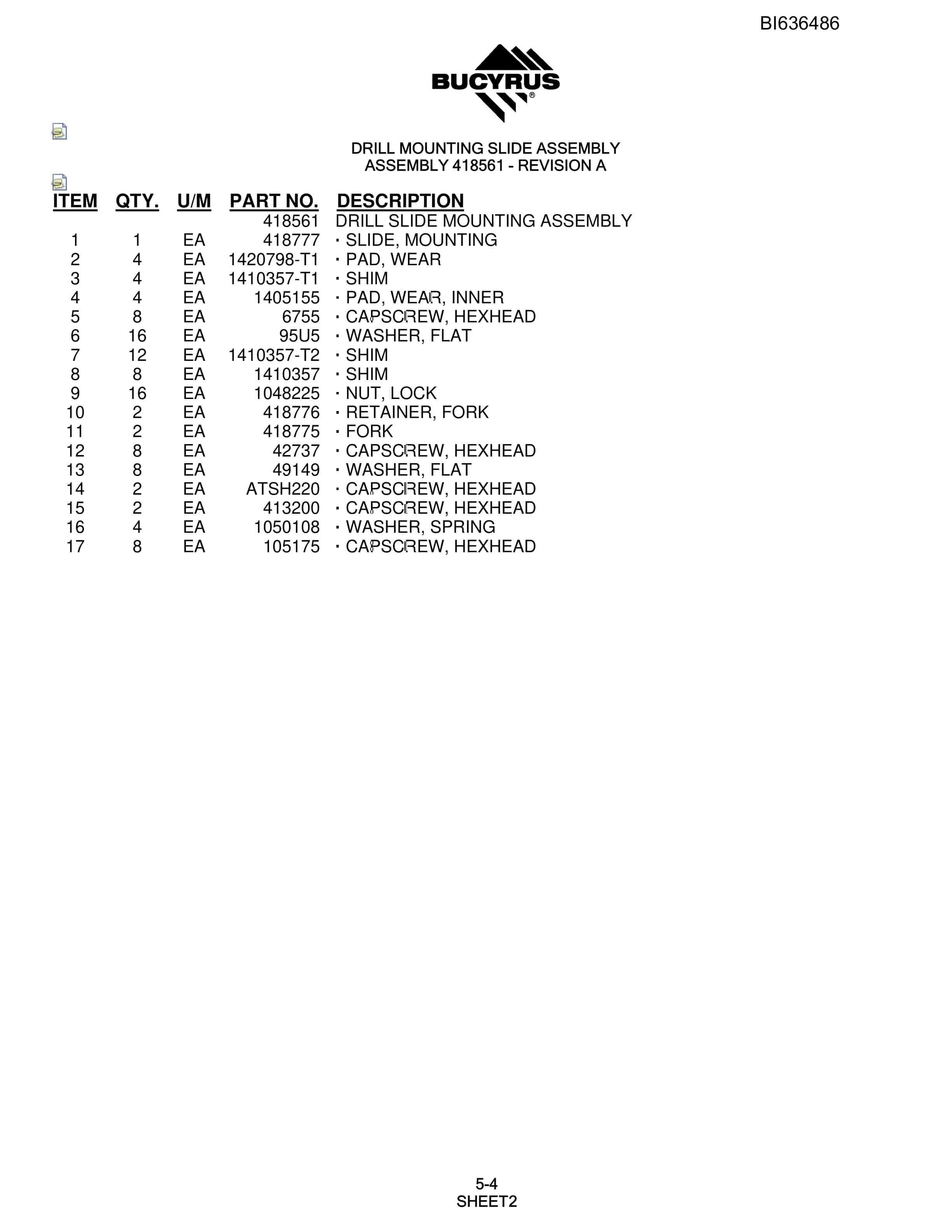 Bucyrus R30C Hydraulic Track Drill Parts Manual BI636486-2