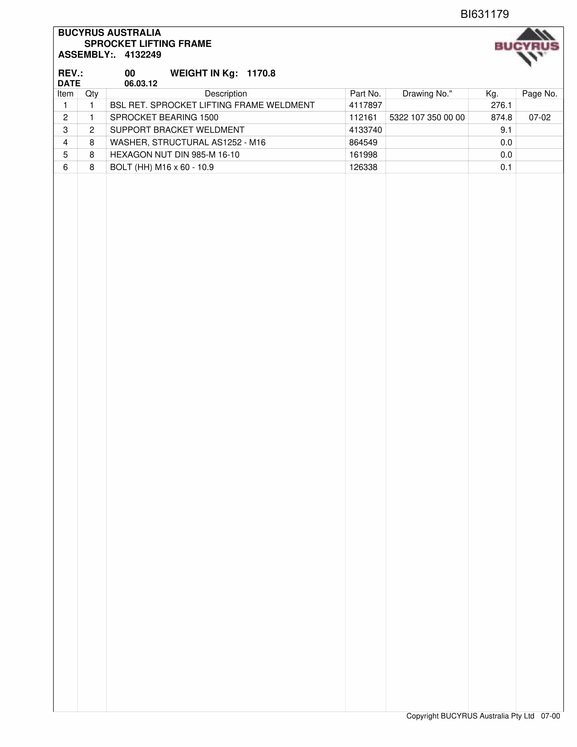 Bucyrus Ravensworth Longwall 2010 - Set 2 Parts Catalog BI631179-2