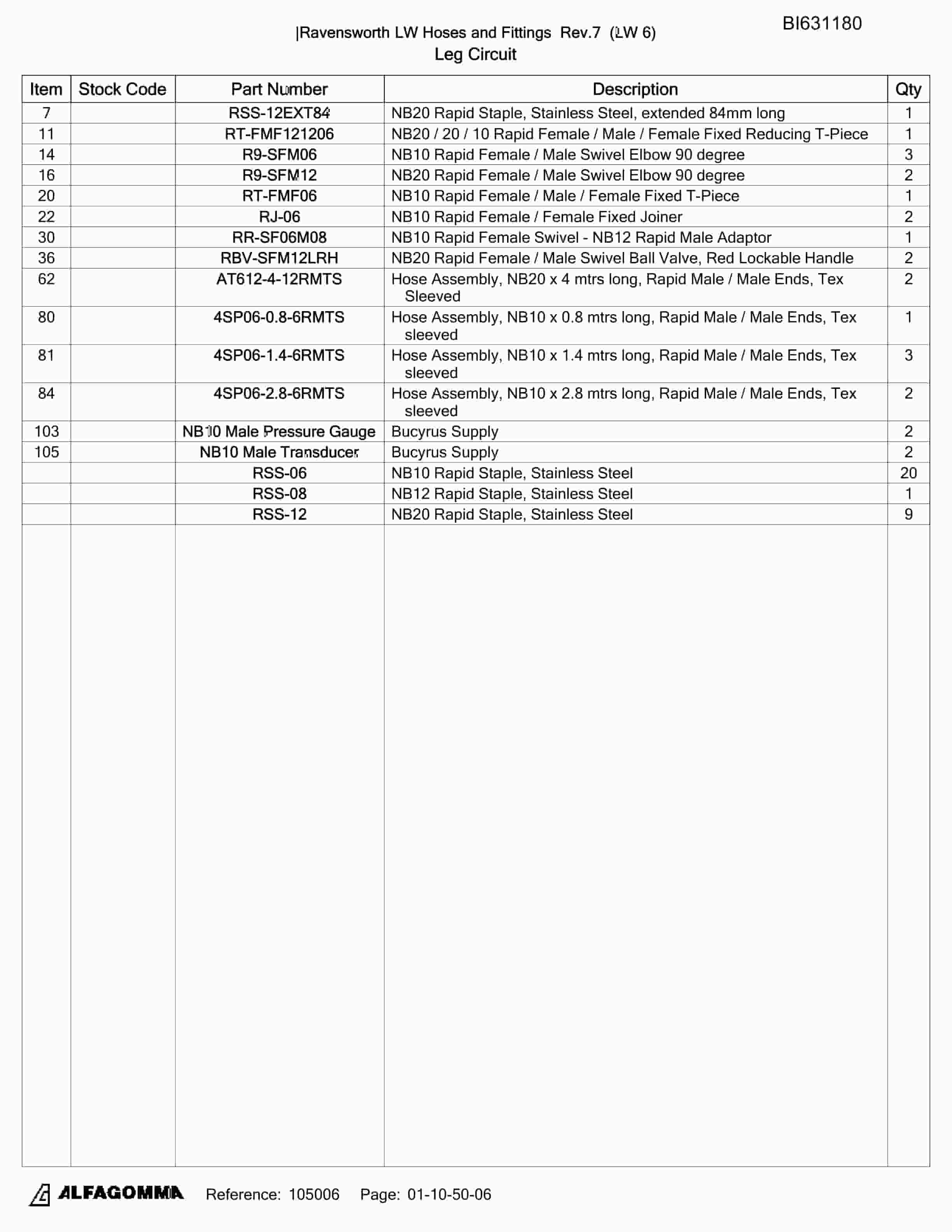 Bucyrus Ravensworth LW Hoses And Fittings Parts Catalog BI631180-4