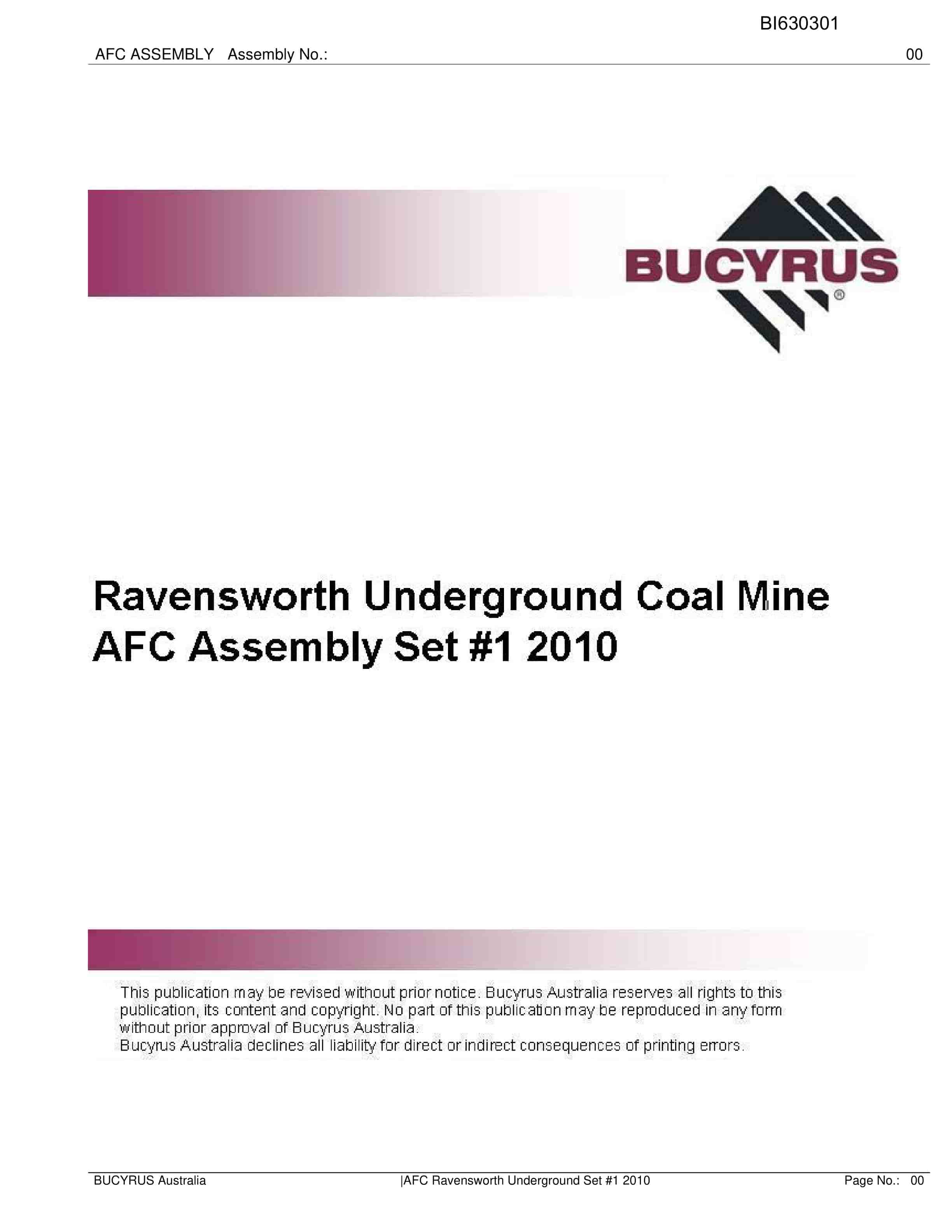 Bucyrus Ravensworth Underground Coal Mine AFC Assembly Set 1 2010 Parts Catalog BI630301