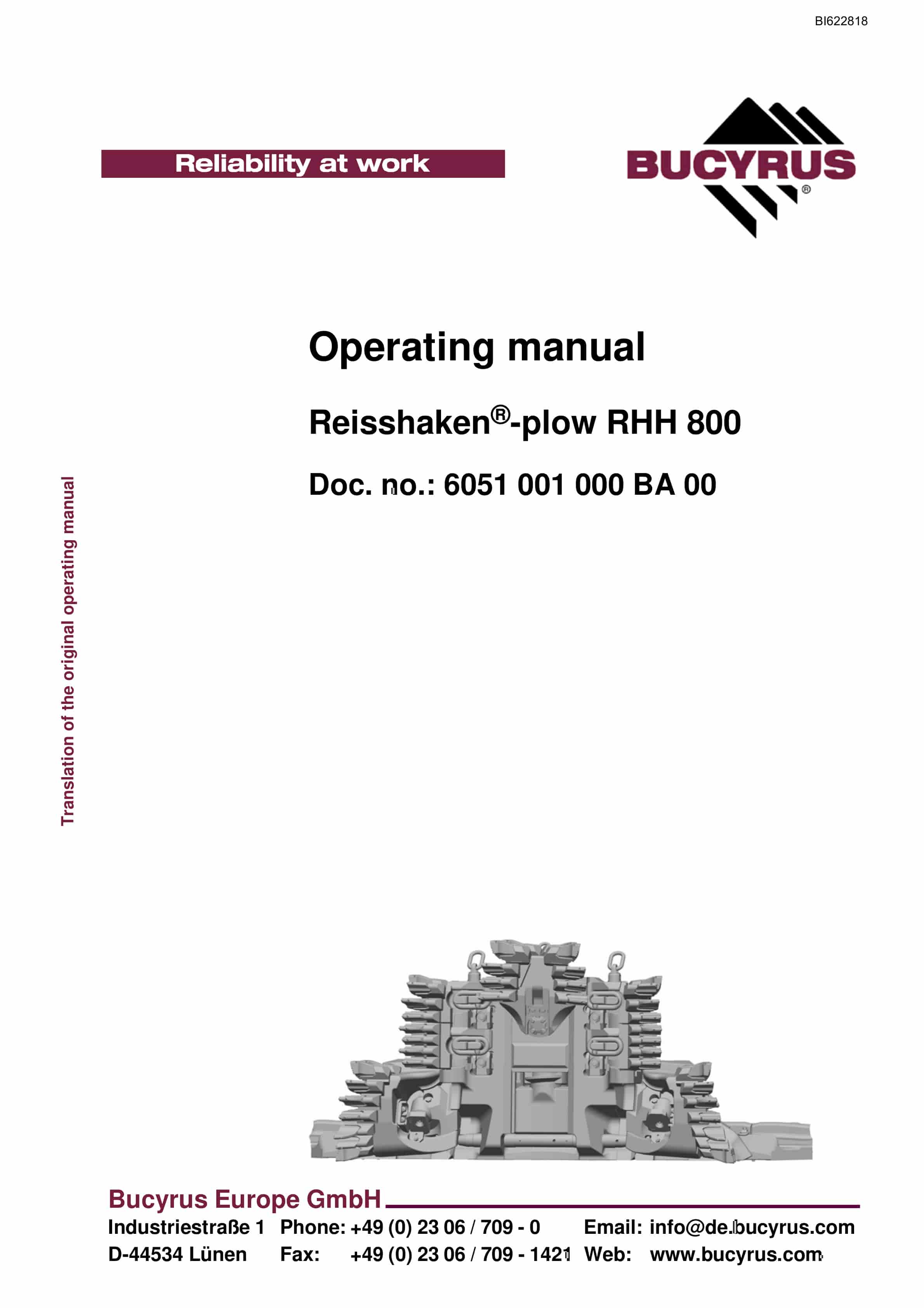 Bucyrus Reisshaken-Plow RHH 800 Operating Manual BI622818