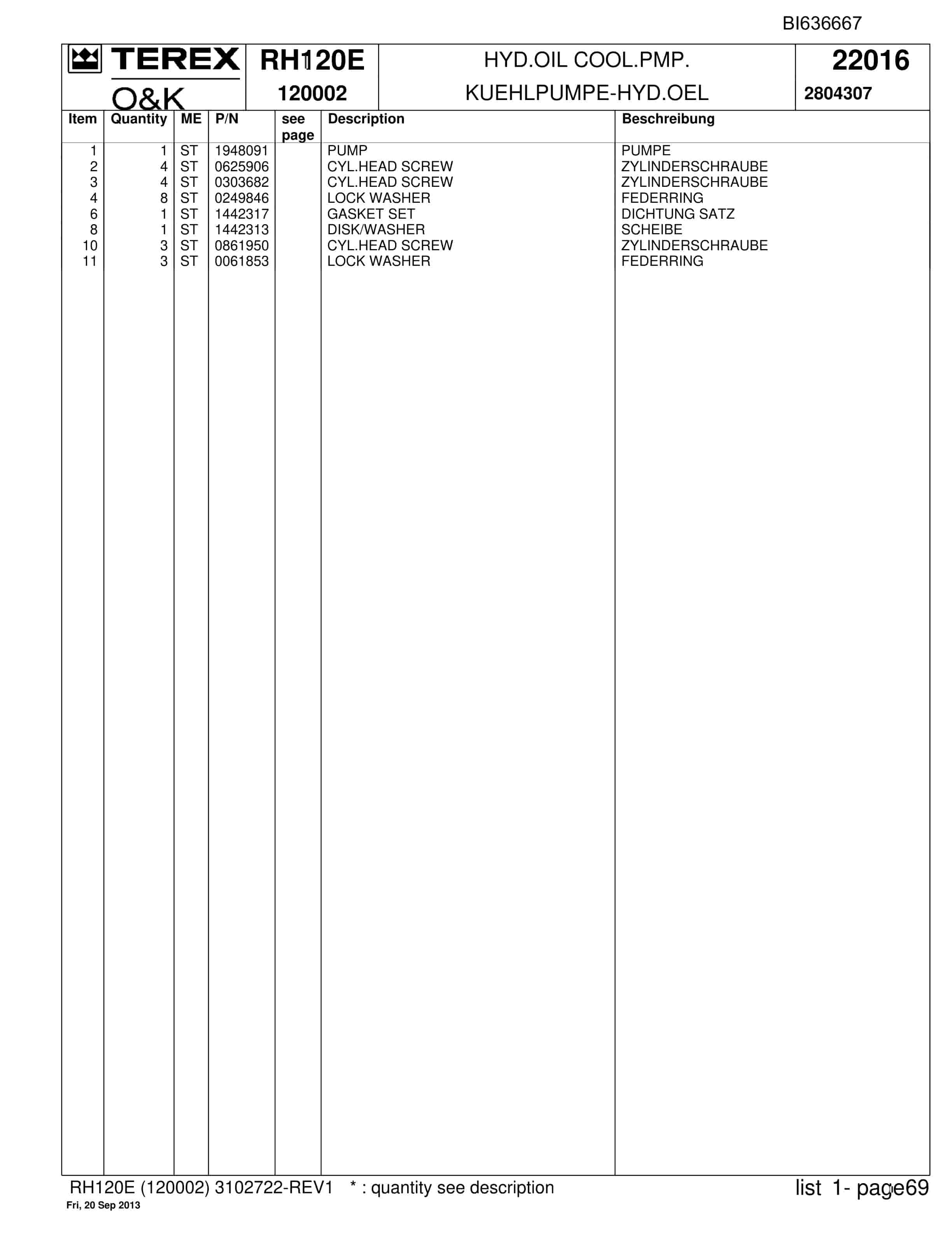 Bucyrus RH120E Hydraulic Excavator Parts Catalog BI636667-2