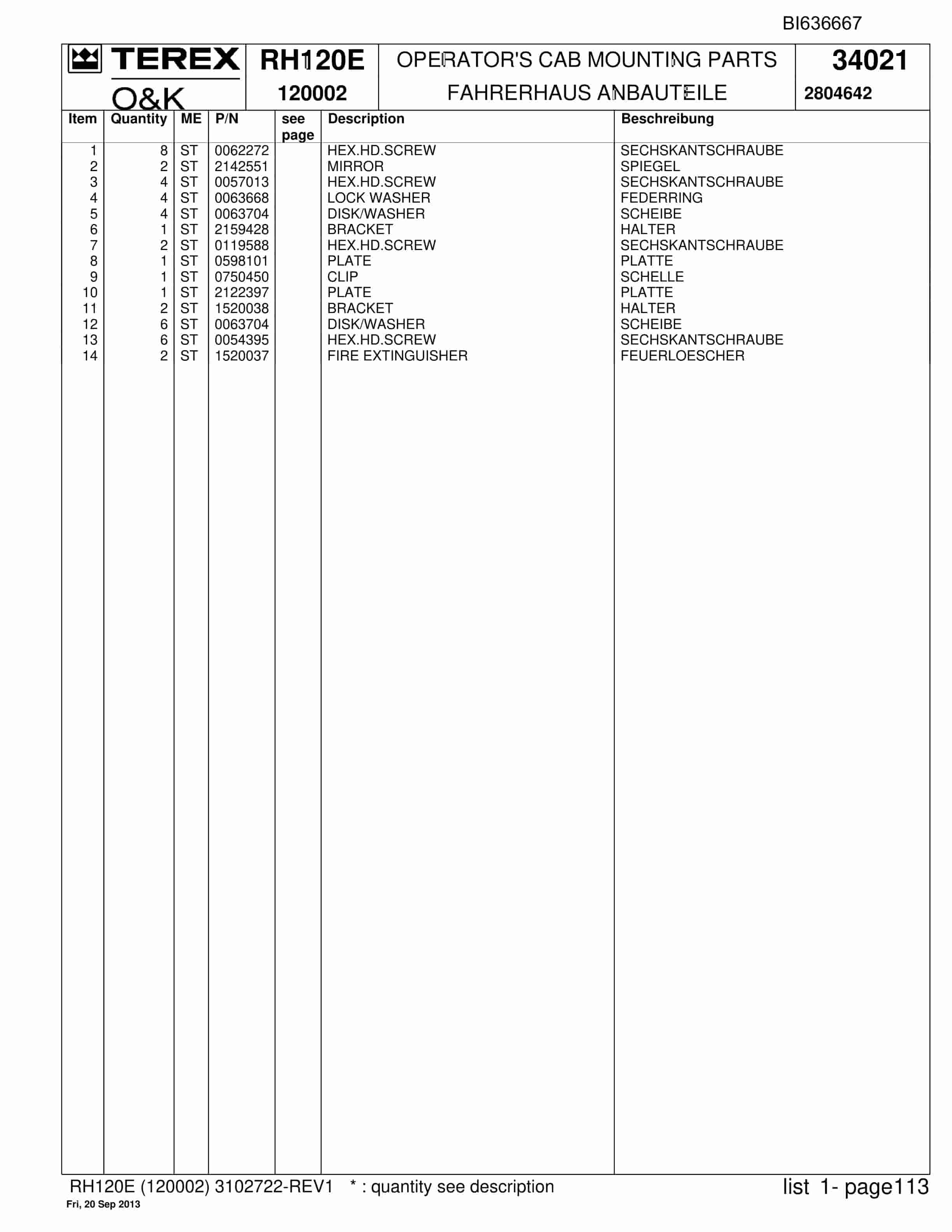Bucyrus RH120E Hydraulic Excavator Parts Catalog BI636667-5