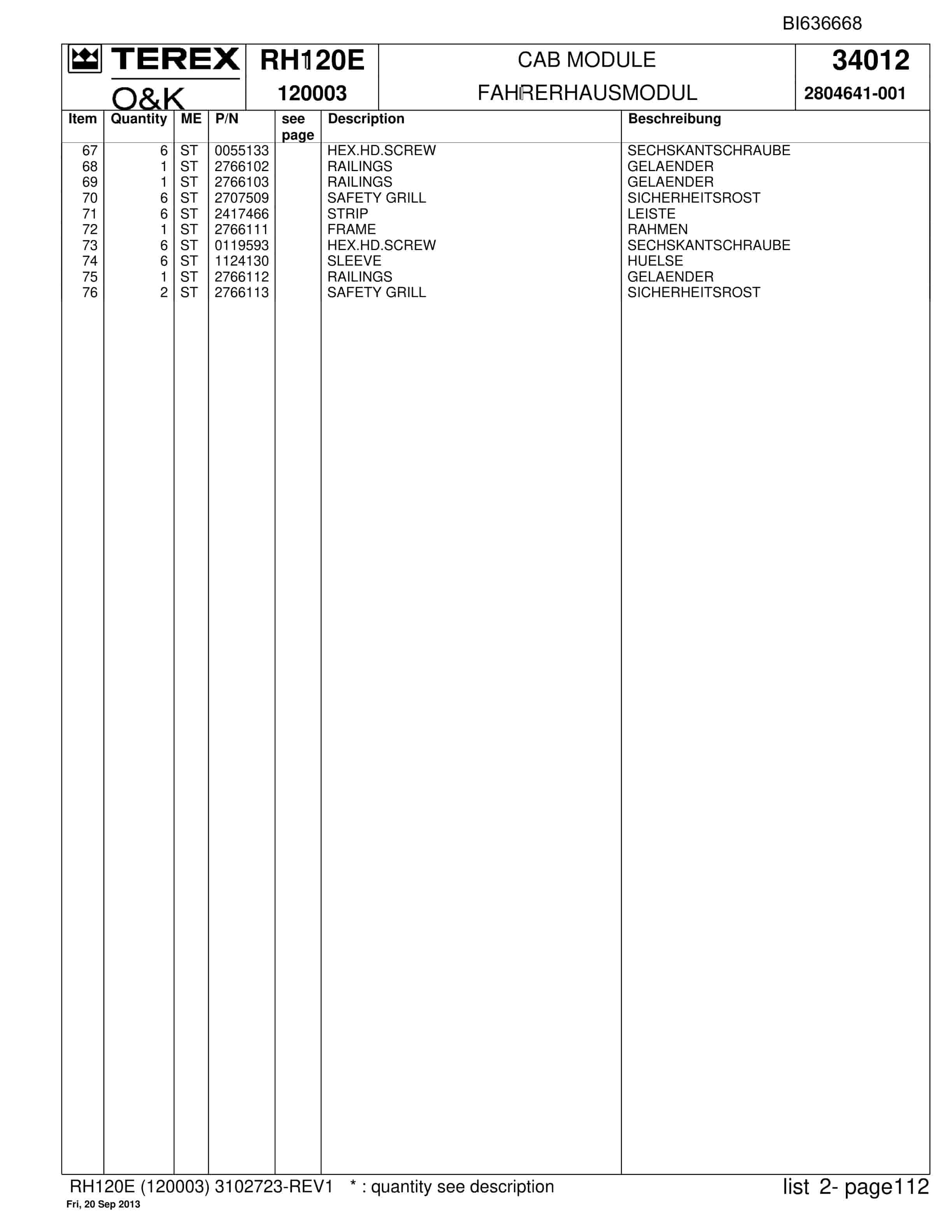 Bucyrus RH120E Hydraulic Excavator Parts Catalog BI636668-5