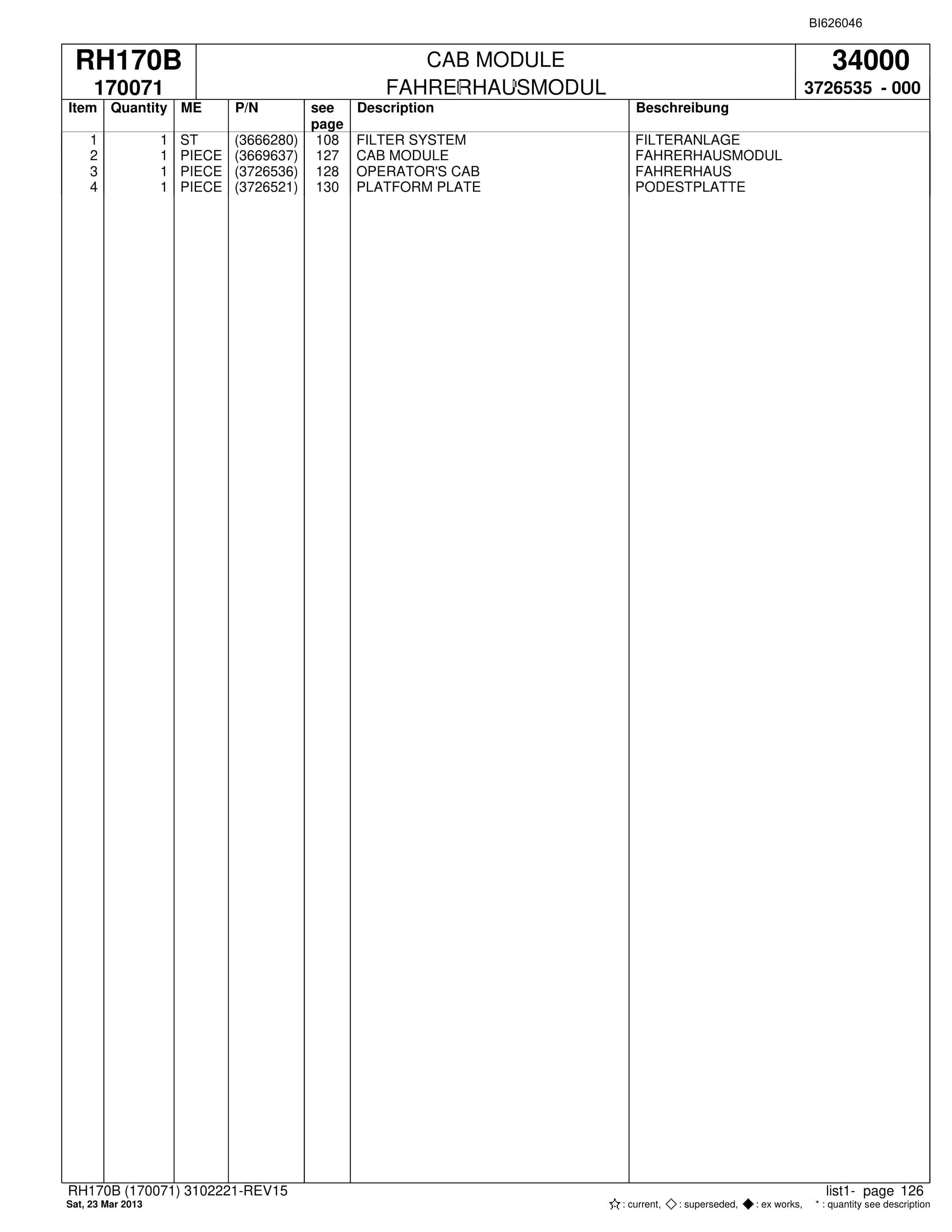 Bucyrus RH170B Hydraulic Excavator Parts Catalog BI626046-5