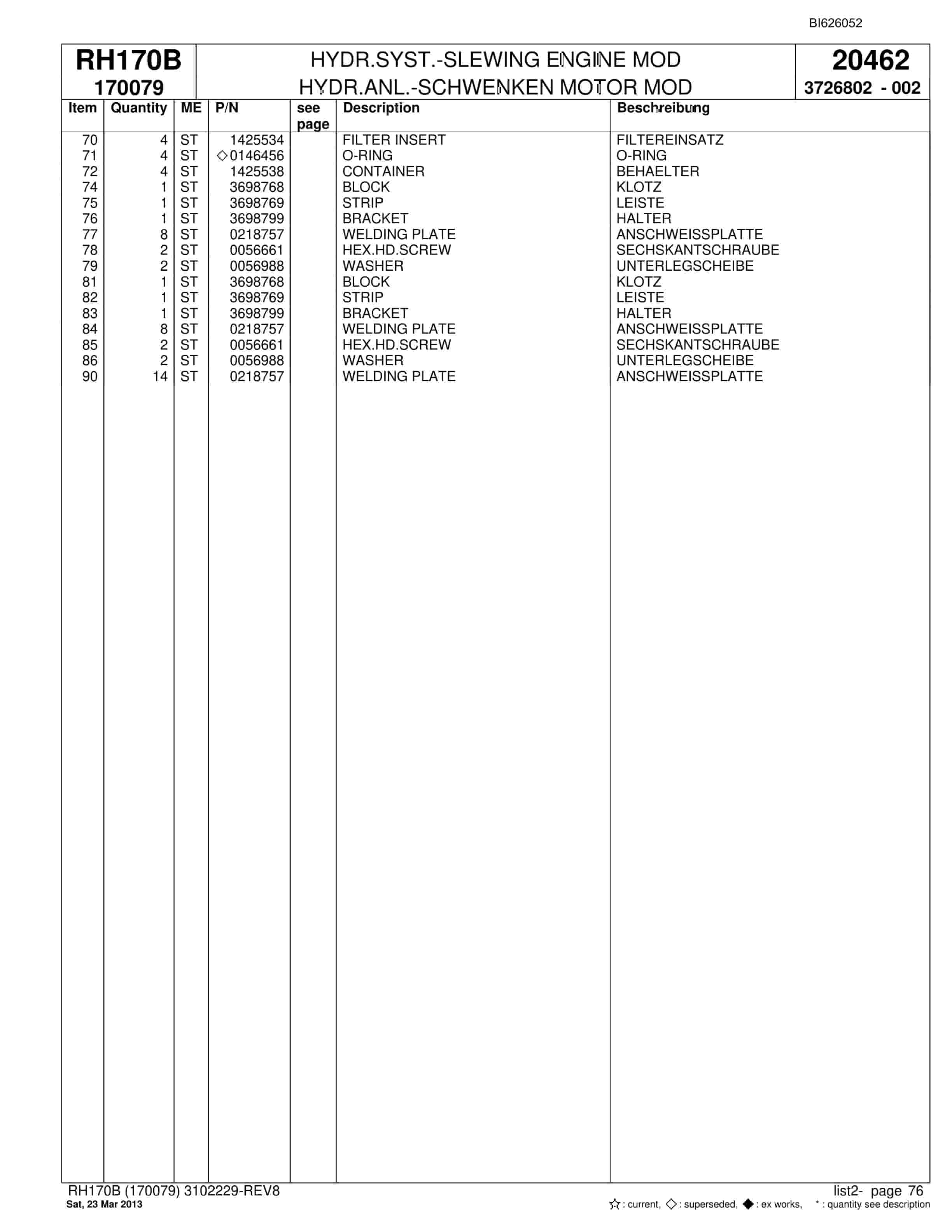 Bucyrus RH170B Hydraulic Excavator Parts Catalog BI626052-2