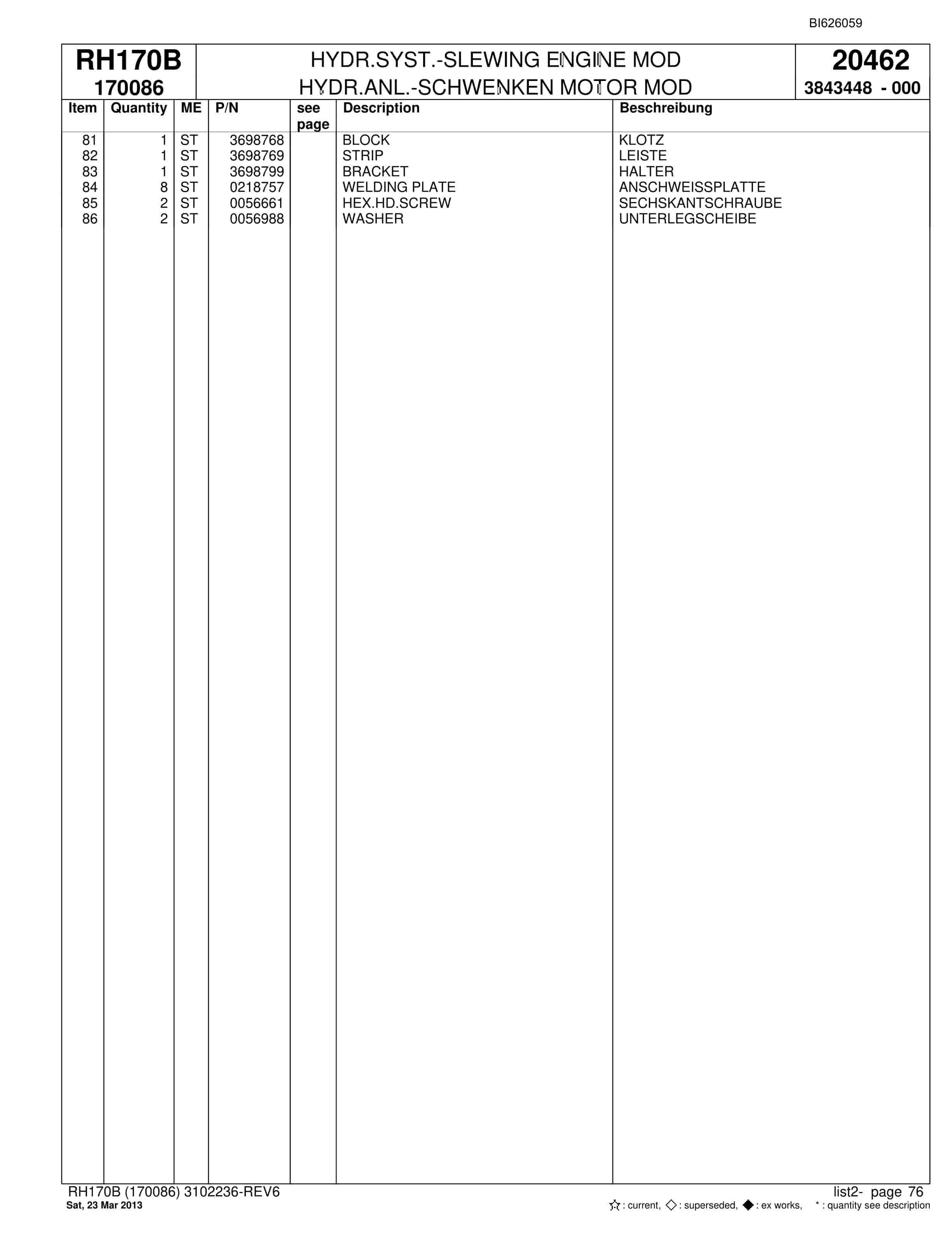Bucyrus RH170B Hydraulic Excavator Parts Catalog BI626059-2