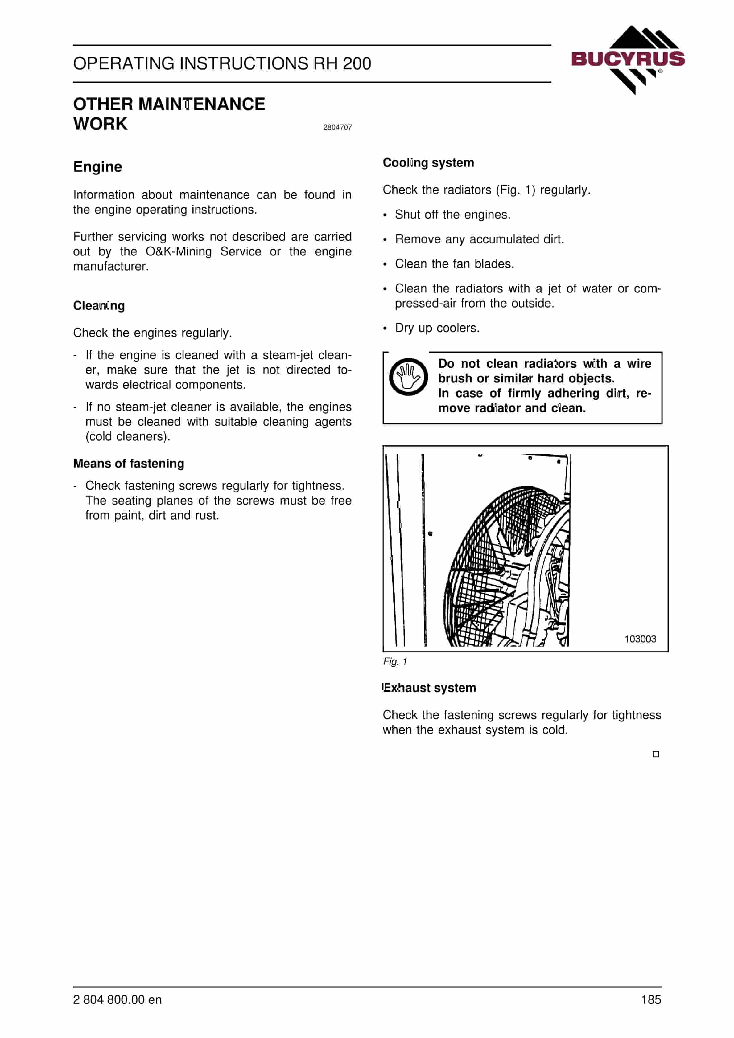 Bucyrus RH200 Hydraulic Excavator Operating Instructions 2804800-5