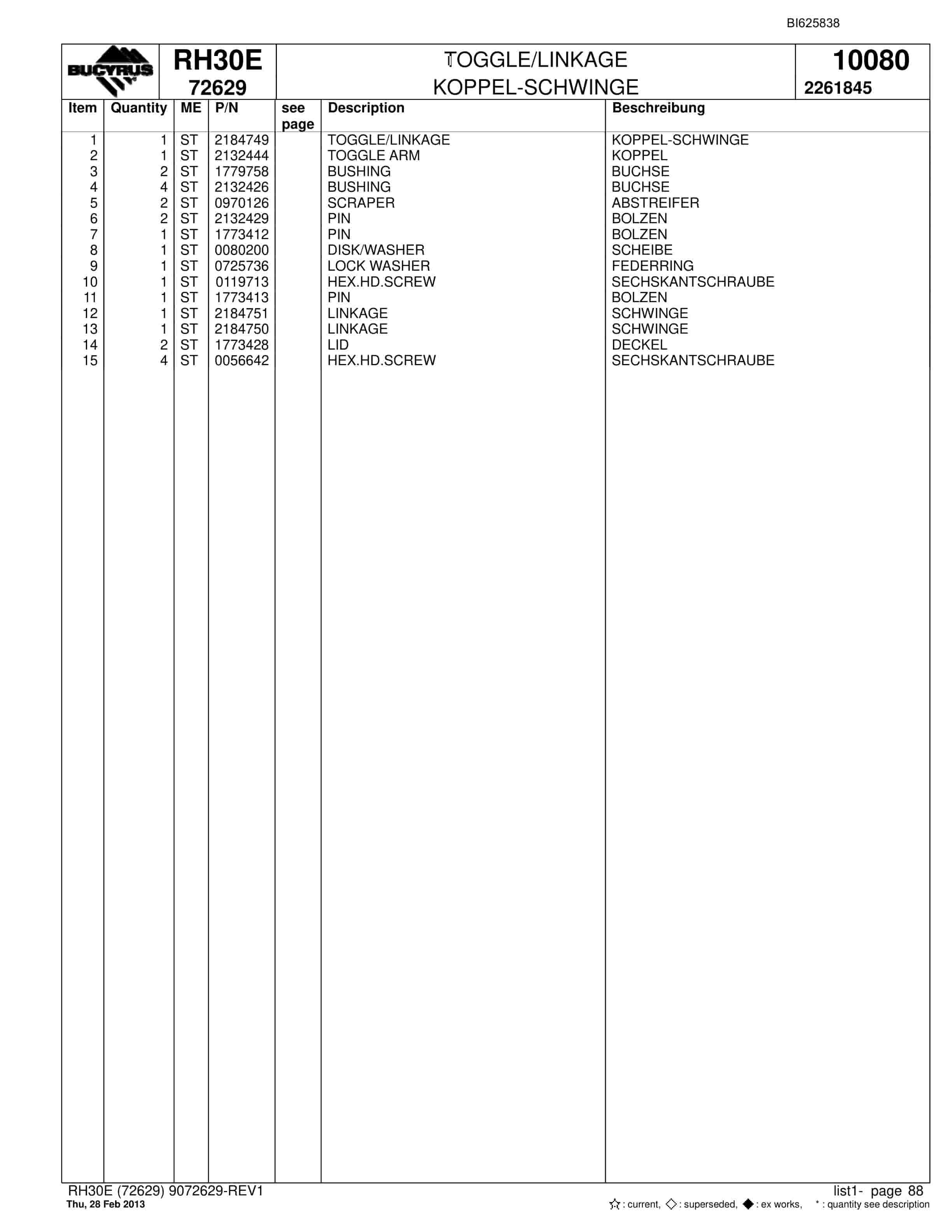 Bucyrus RH30E Hydraulic Excavator Parts Catalog BI625838-5