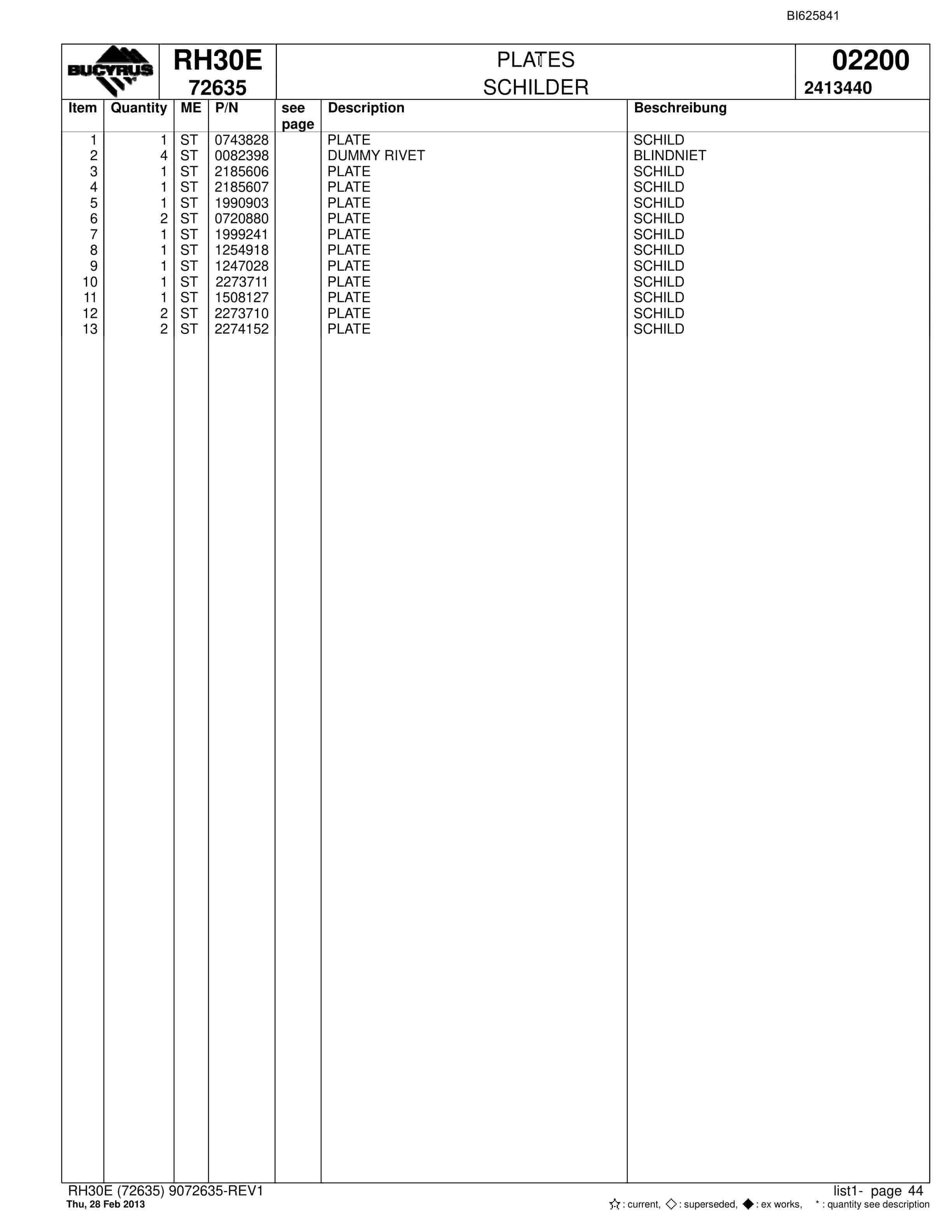 Bucyrus RH30E Hydraulic Excavator Parts Catalog BI625841-2