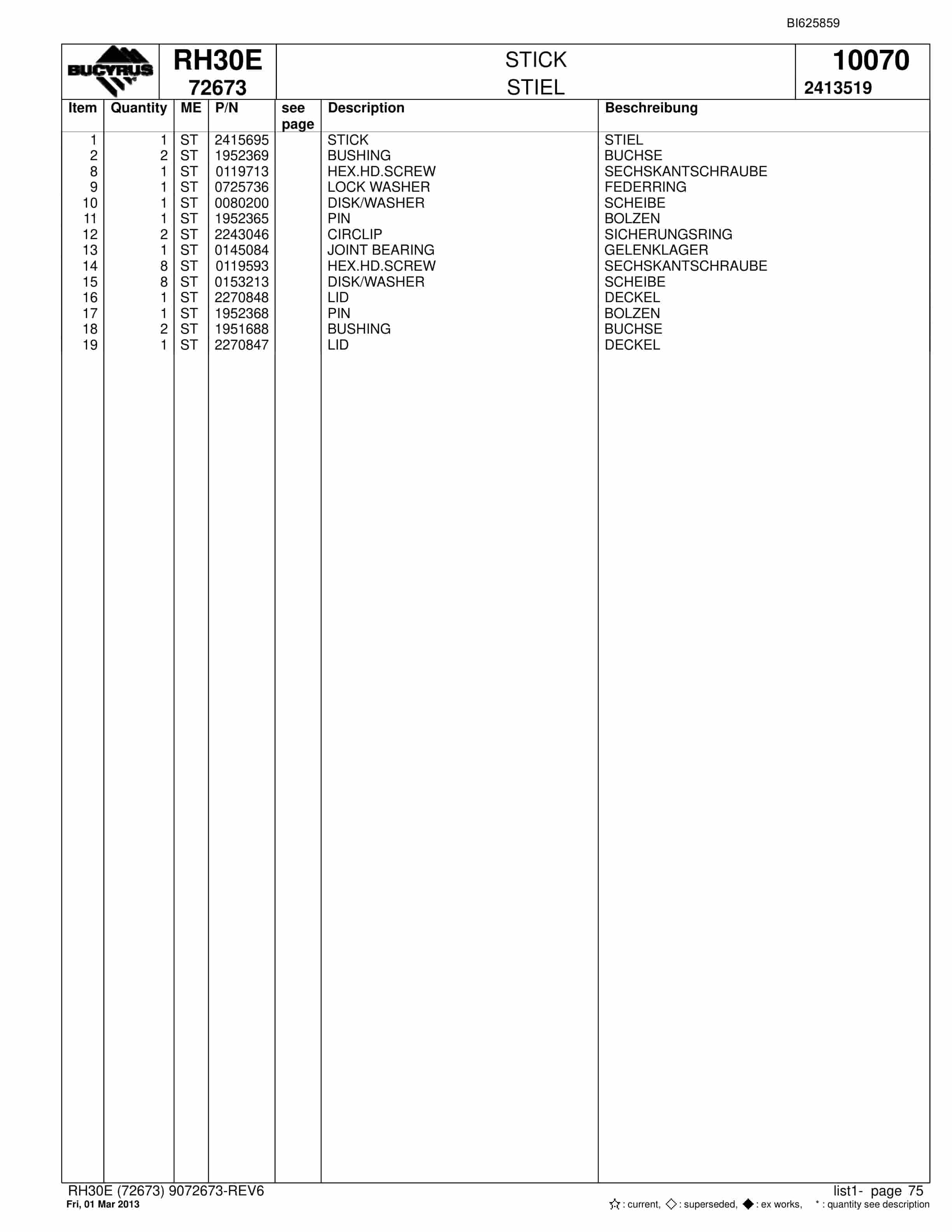 Bucyrus RH30E Hydraulic Excavator Parts Catalog BI625859-5