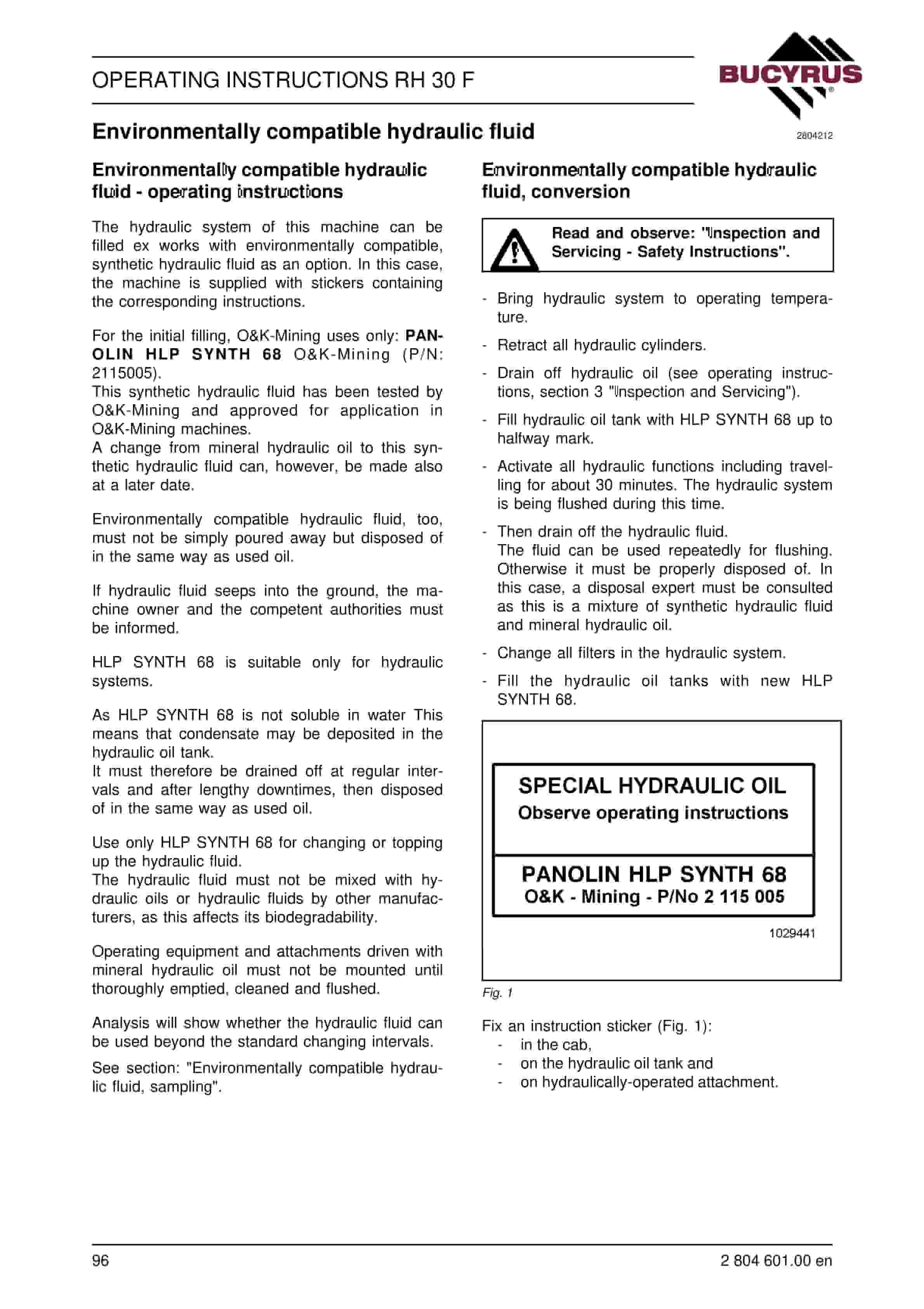 Bucyrus RH30F Hydraulic Excavator Operating Instructions 2804601-2