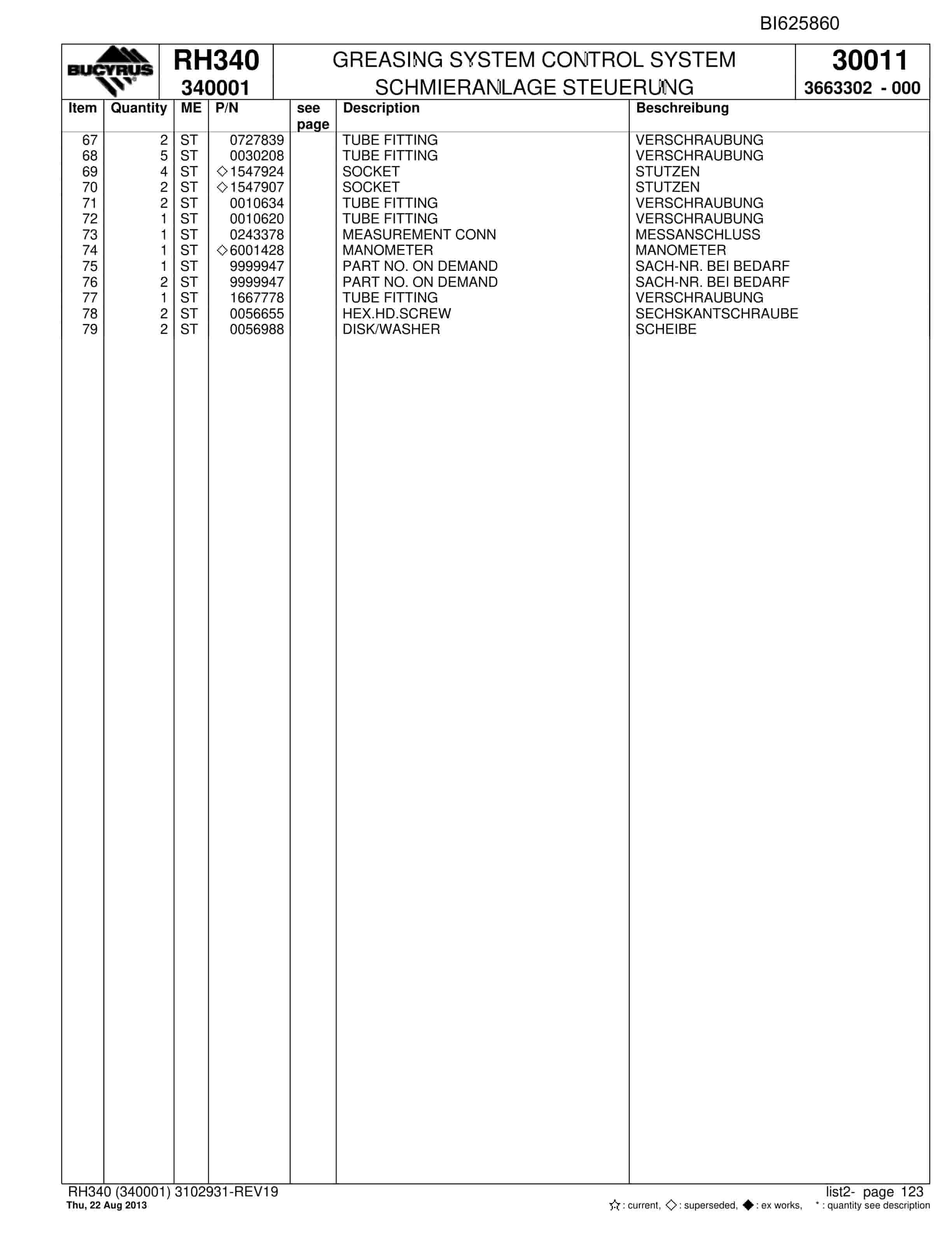Bucyrus RH340 Hydraulic Excavator Parts Catalog BI625860-4