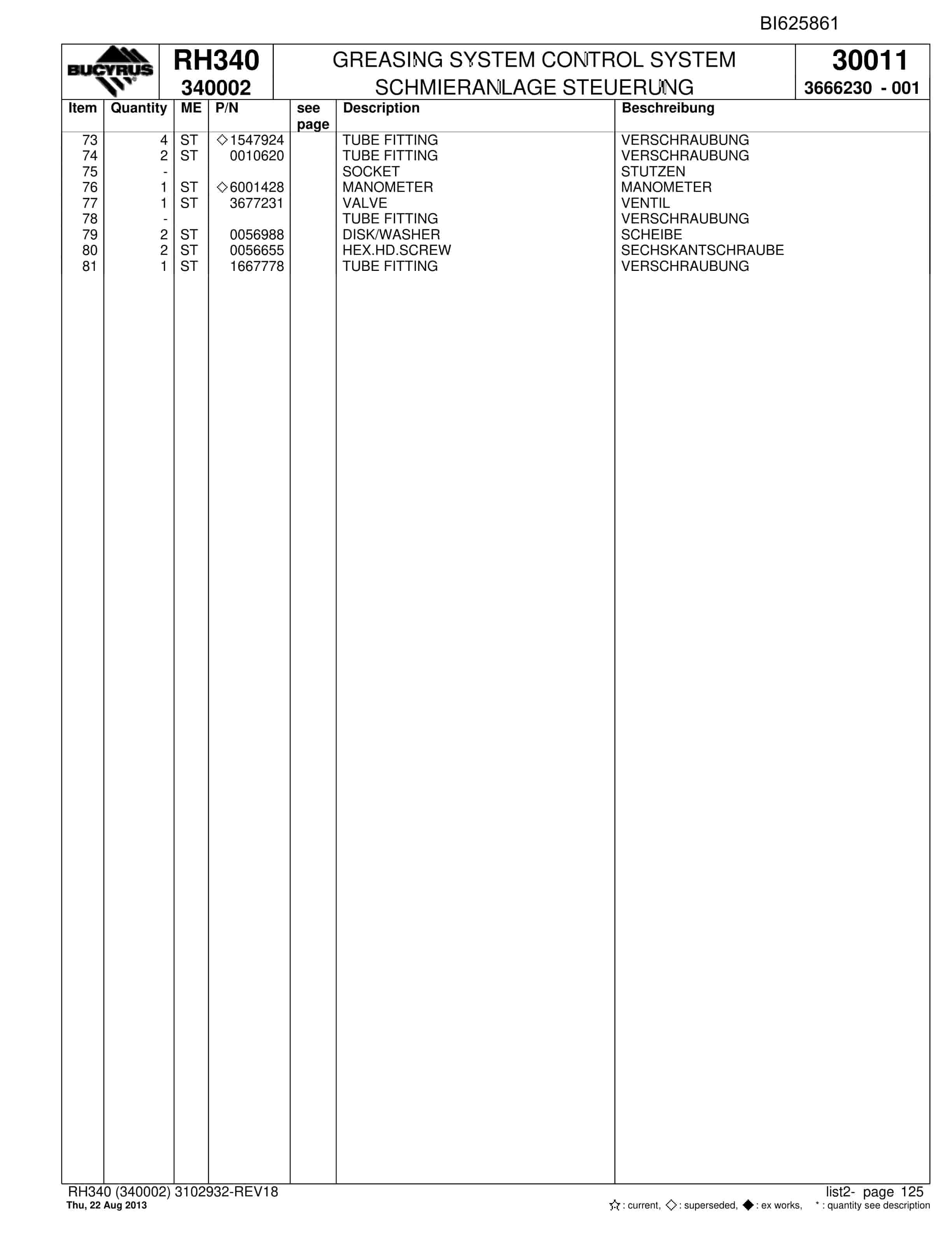 Bucyrus RH340 Hydraulic Excavator Parts Catalog BI625861-4