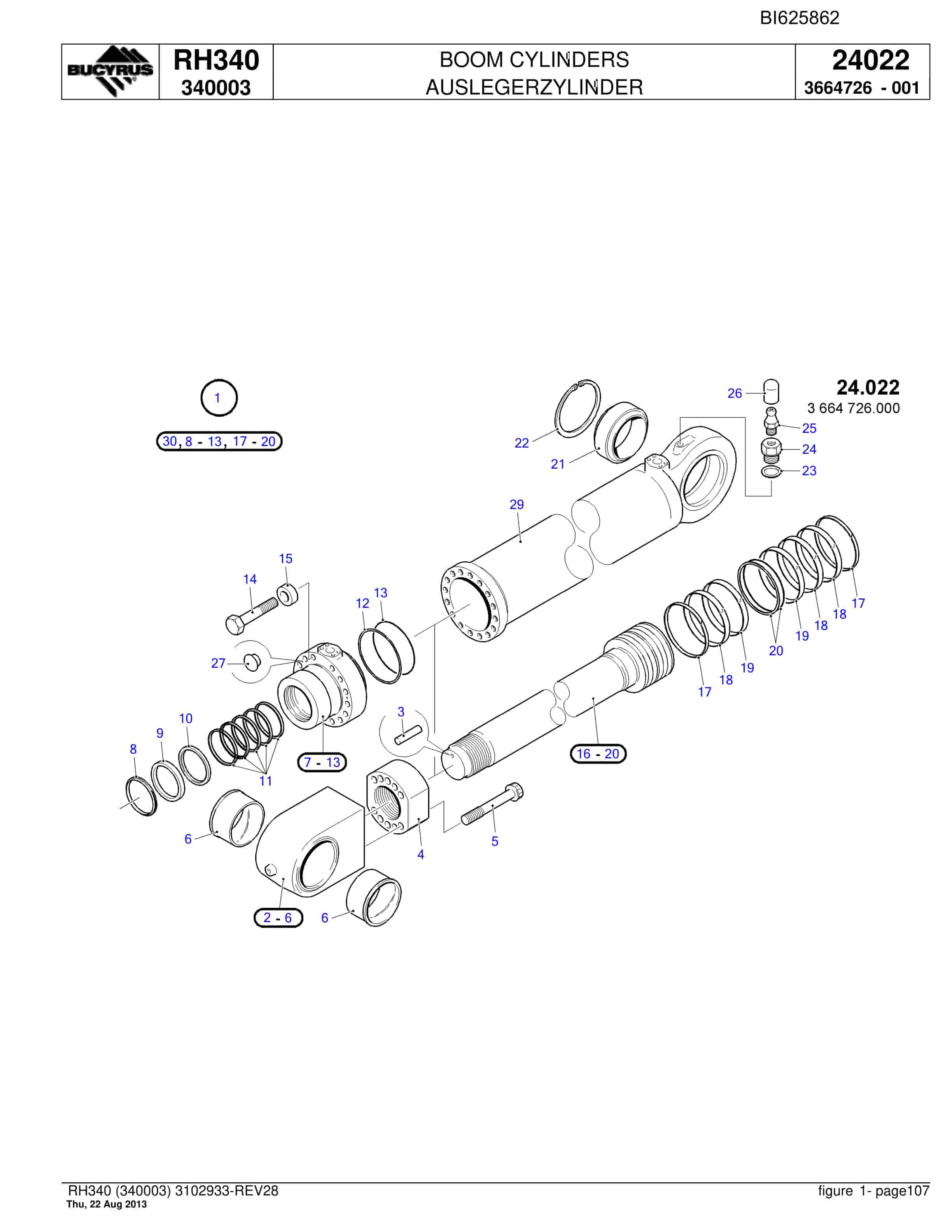 Bucyrus RH340 Hydraulic Excavator Parts Catalog BI625862-3