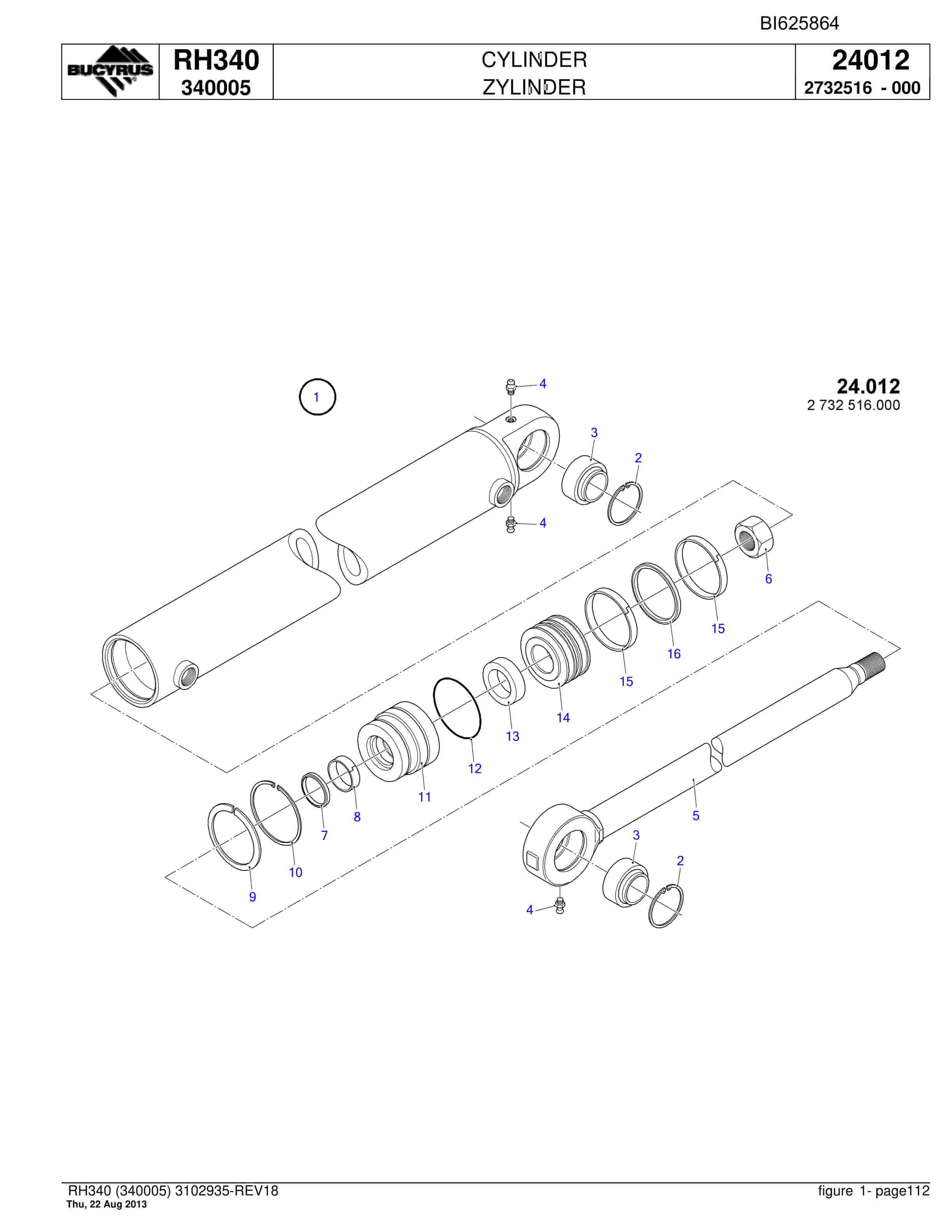 Bucyrus RH340 Hydraulic Excavator Parts Catalog BI625864-3