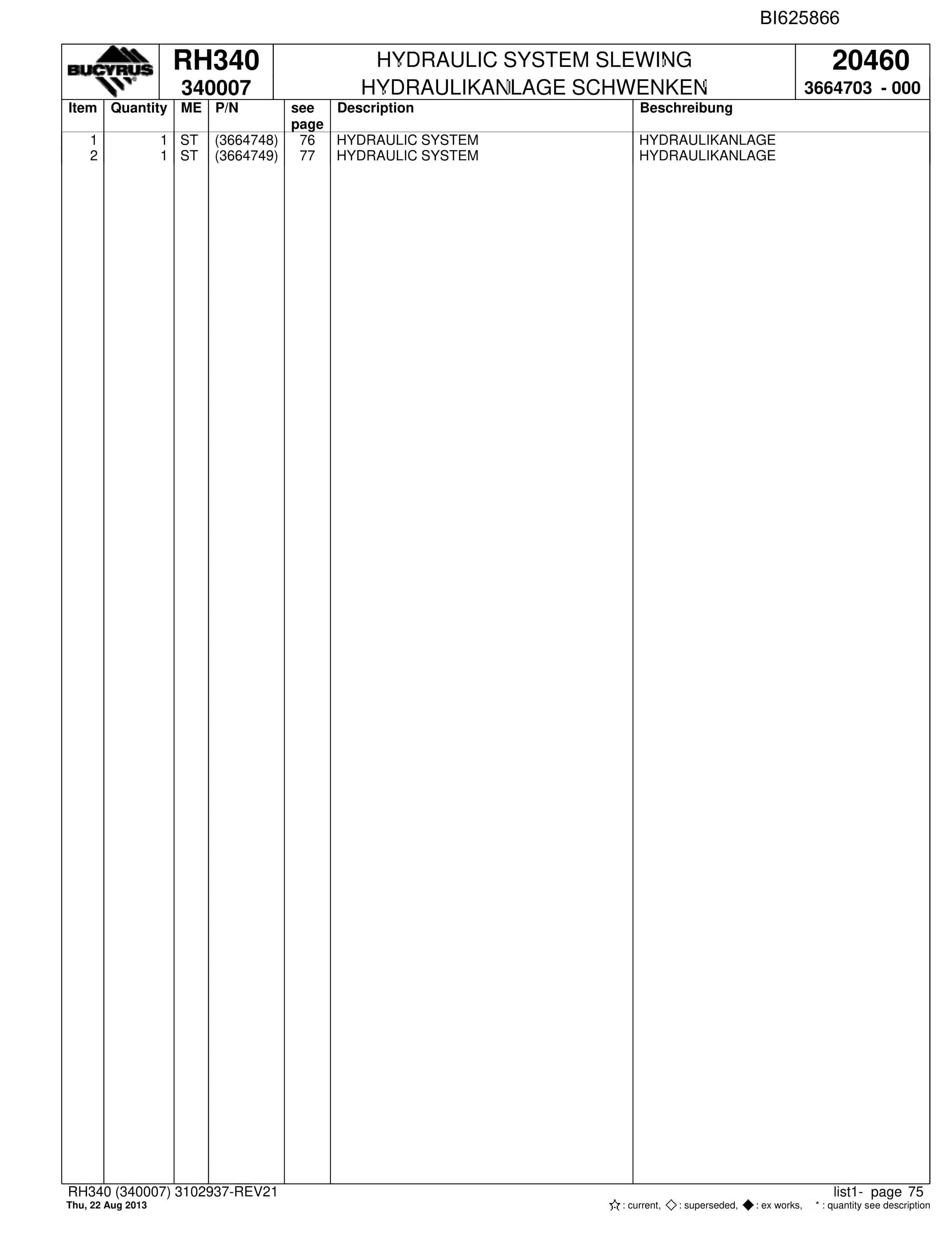 Bucyrus RH340 Hydraulic Excavator Parts Catalog BI625866-2