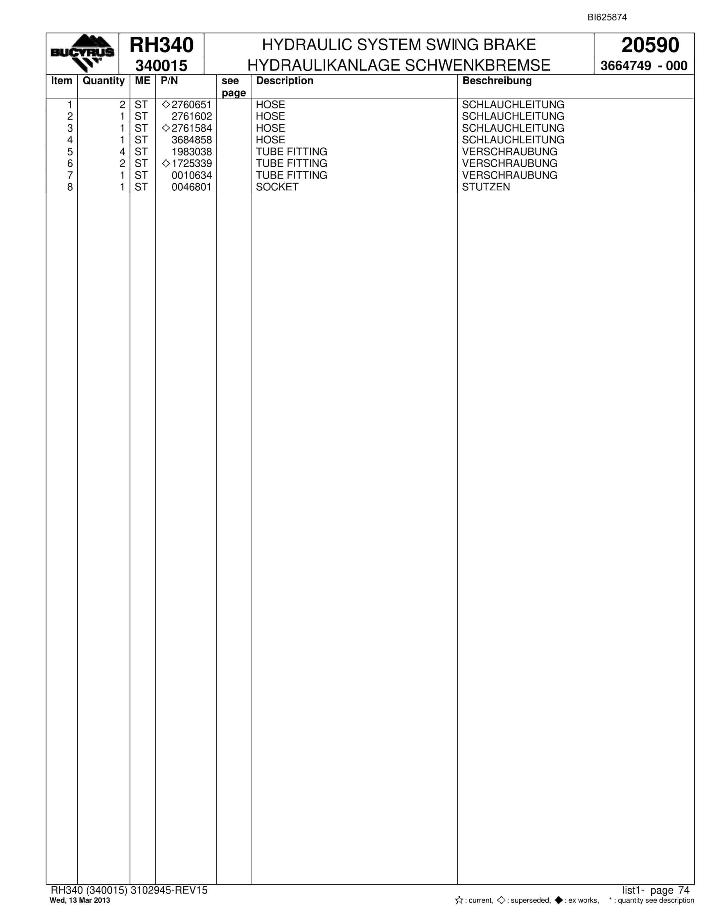 Bucyrus RH340 Hydraulic Excavator Parts Catalog BI625874-2