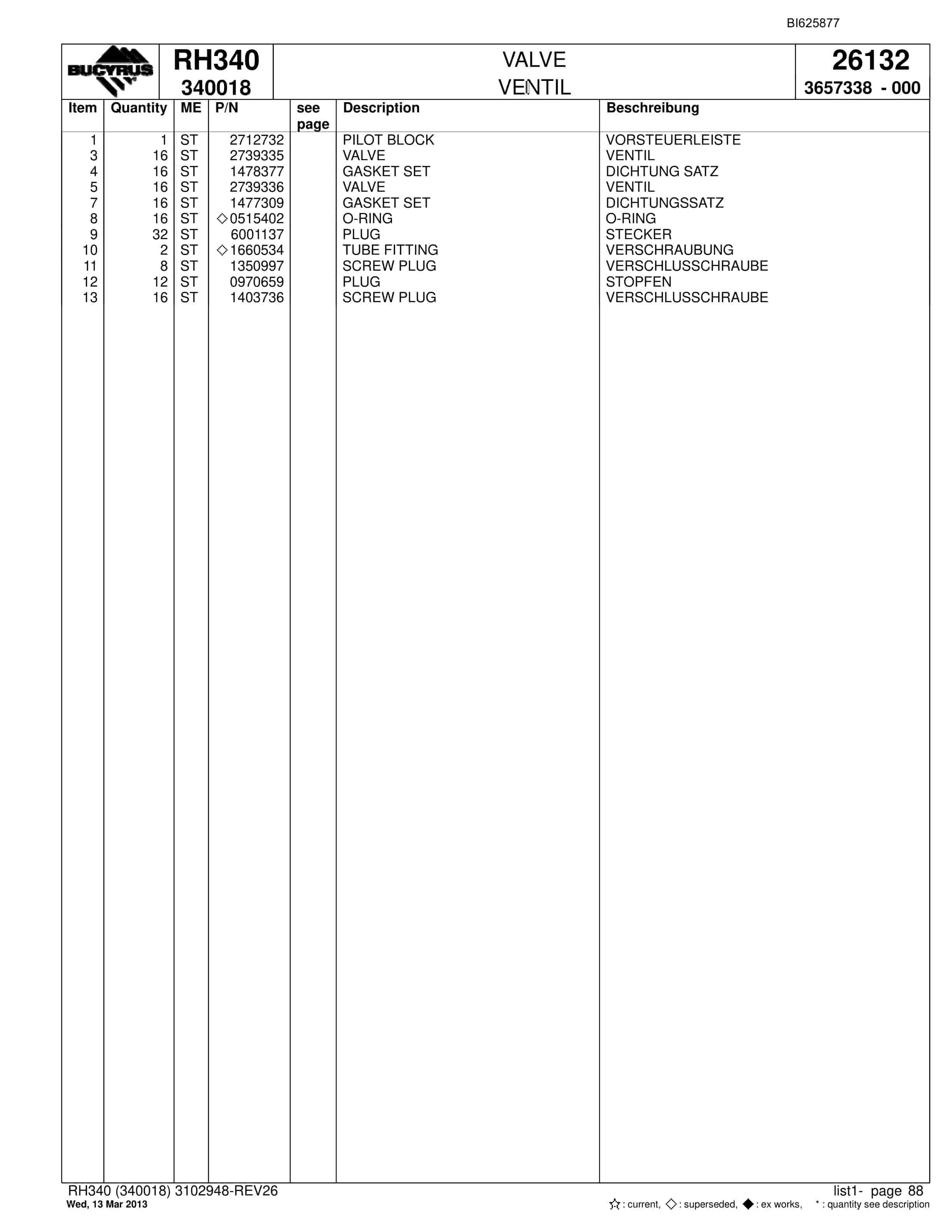 Bucyrus RH340 Hydraulic Excavator Parts Catalog BI625877-3