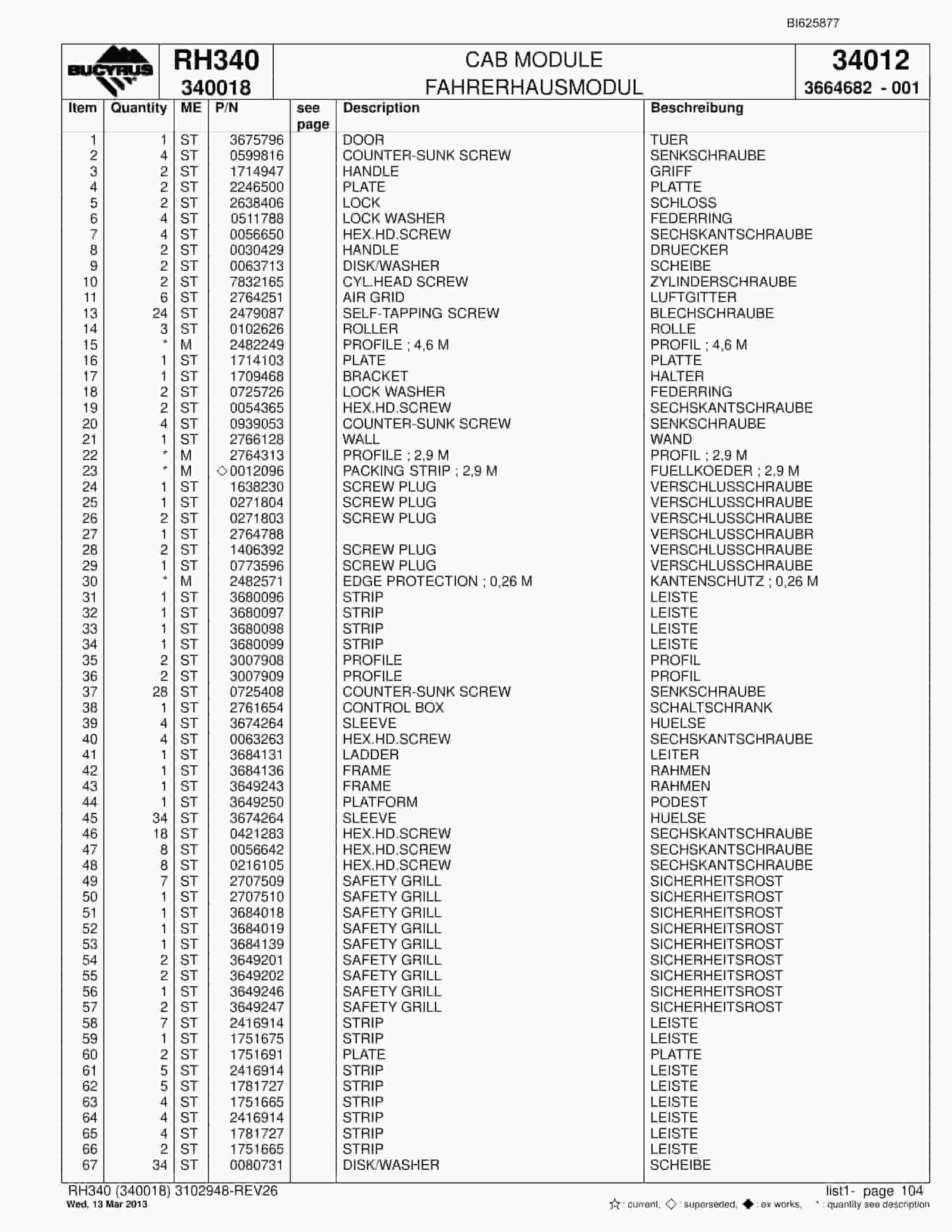 Bucyrus RH340 Hydraulic Excavator Parts Catalog BI625877-5