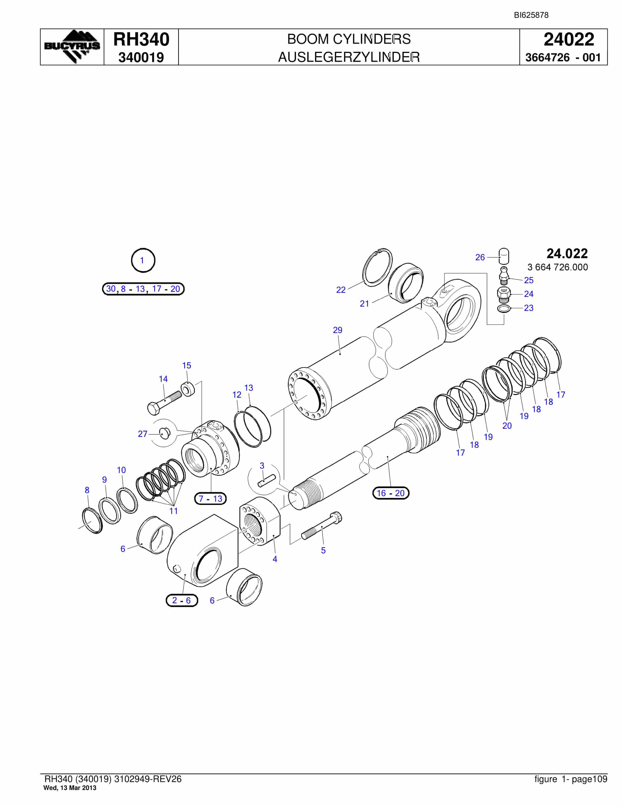 Bucyrus RH340 Hydraulic Excavator Parts Catalog BI625878-3