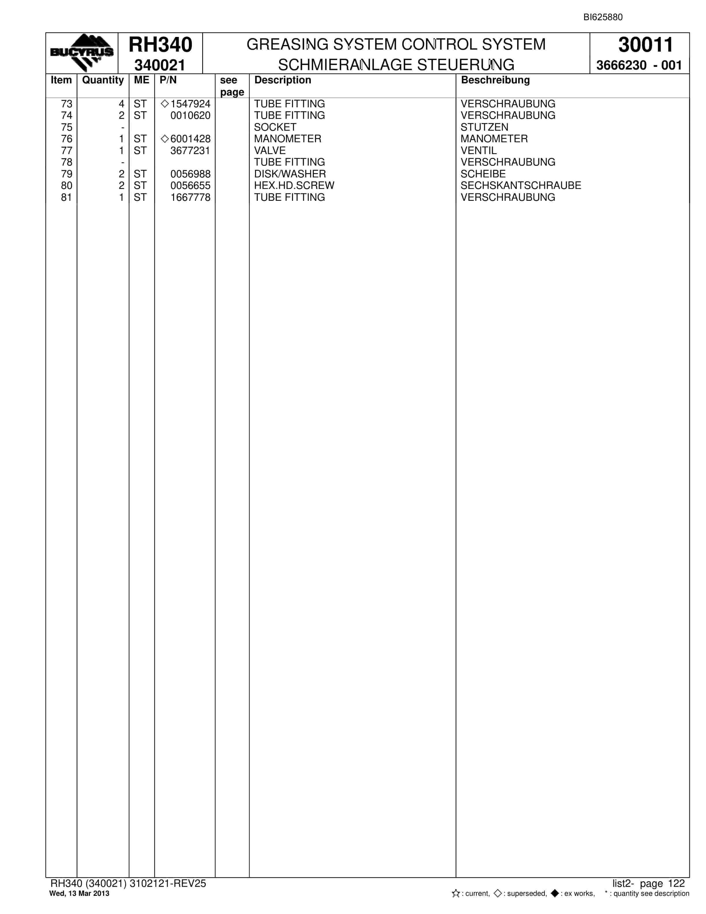 Bucyrus RH340 Hydraulic Excavator Parts Catalog BI625880-4