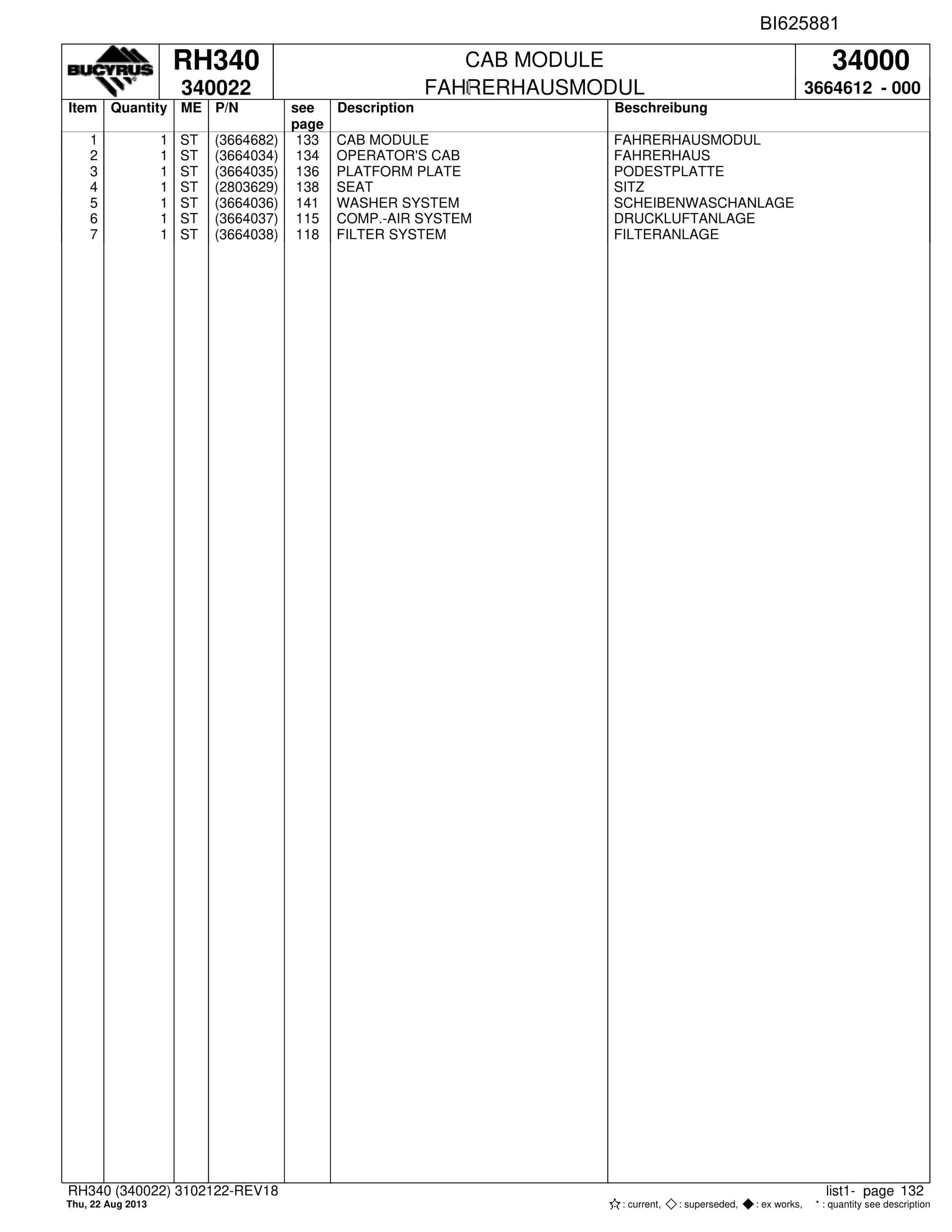 Bucyrus RH340 Hydraulic Excavator Parts Catalog BI625881-5
