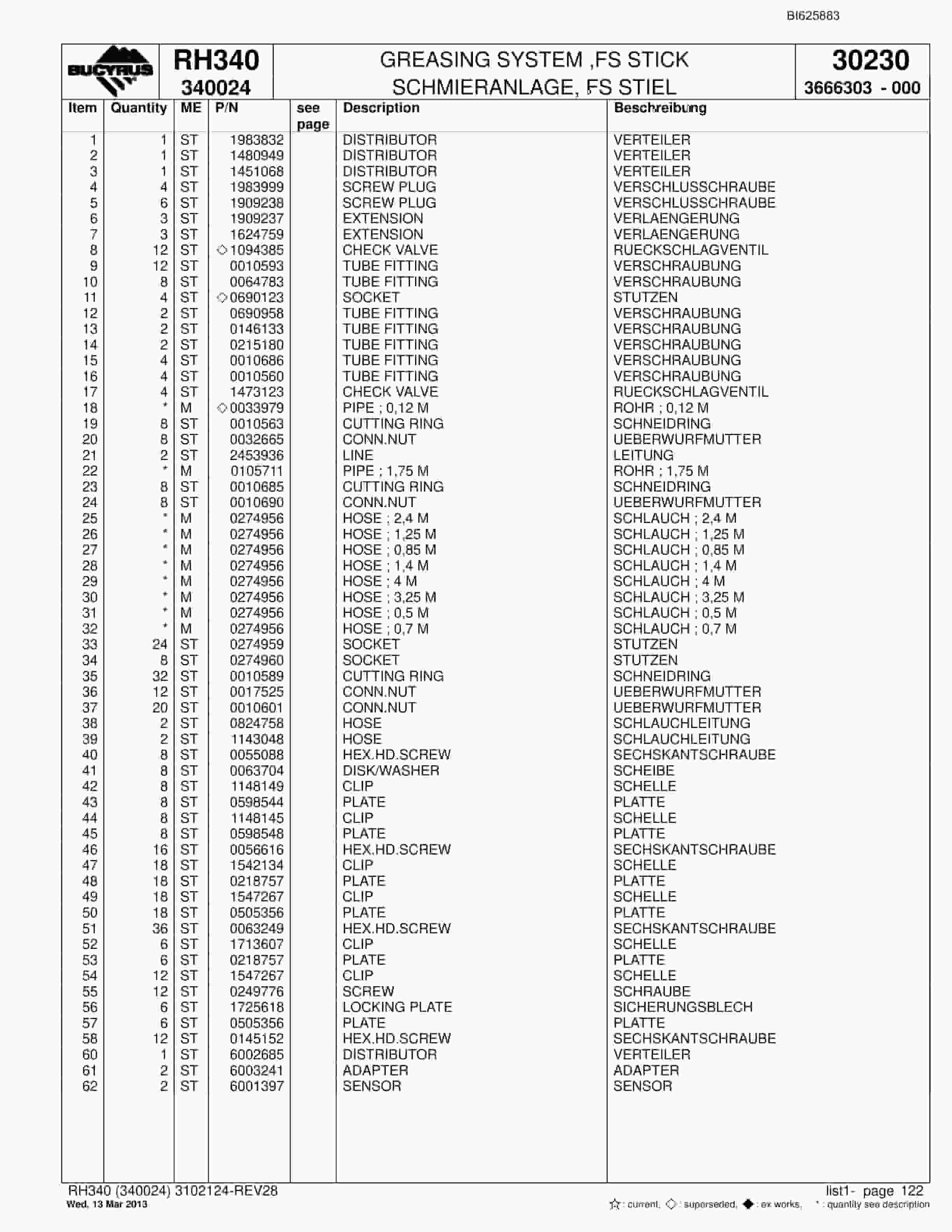 Bucyrus RH340 Hydraulic Excavator Parts Catalog BI625883-4