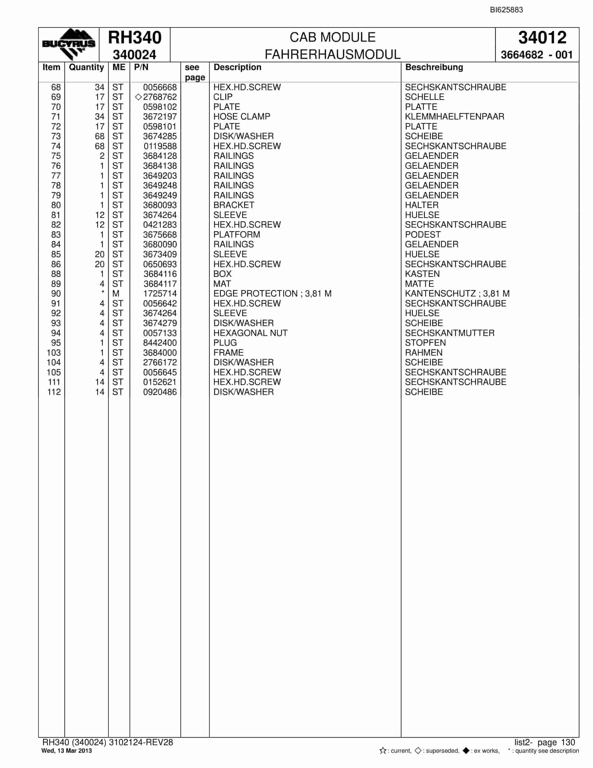 Bucyrus RH340 Hydraulic Excavator Parts Catalog BI625883-5