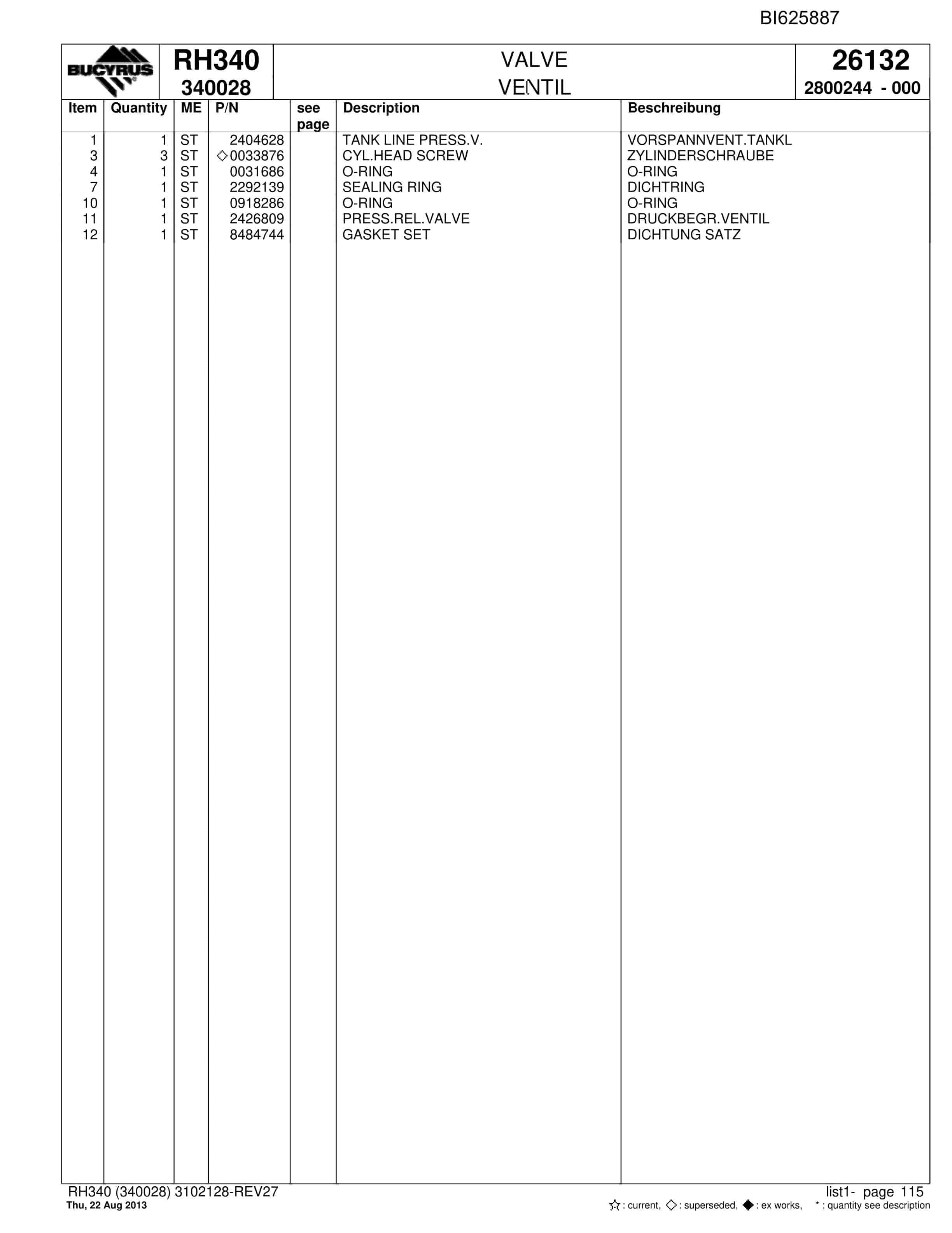 Bucyrus RH340 Hydraulic Excavator Parts Catalog BI625887-3