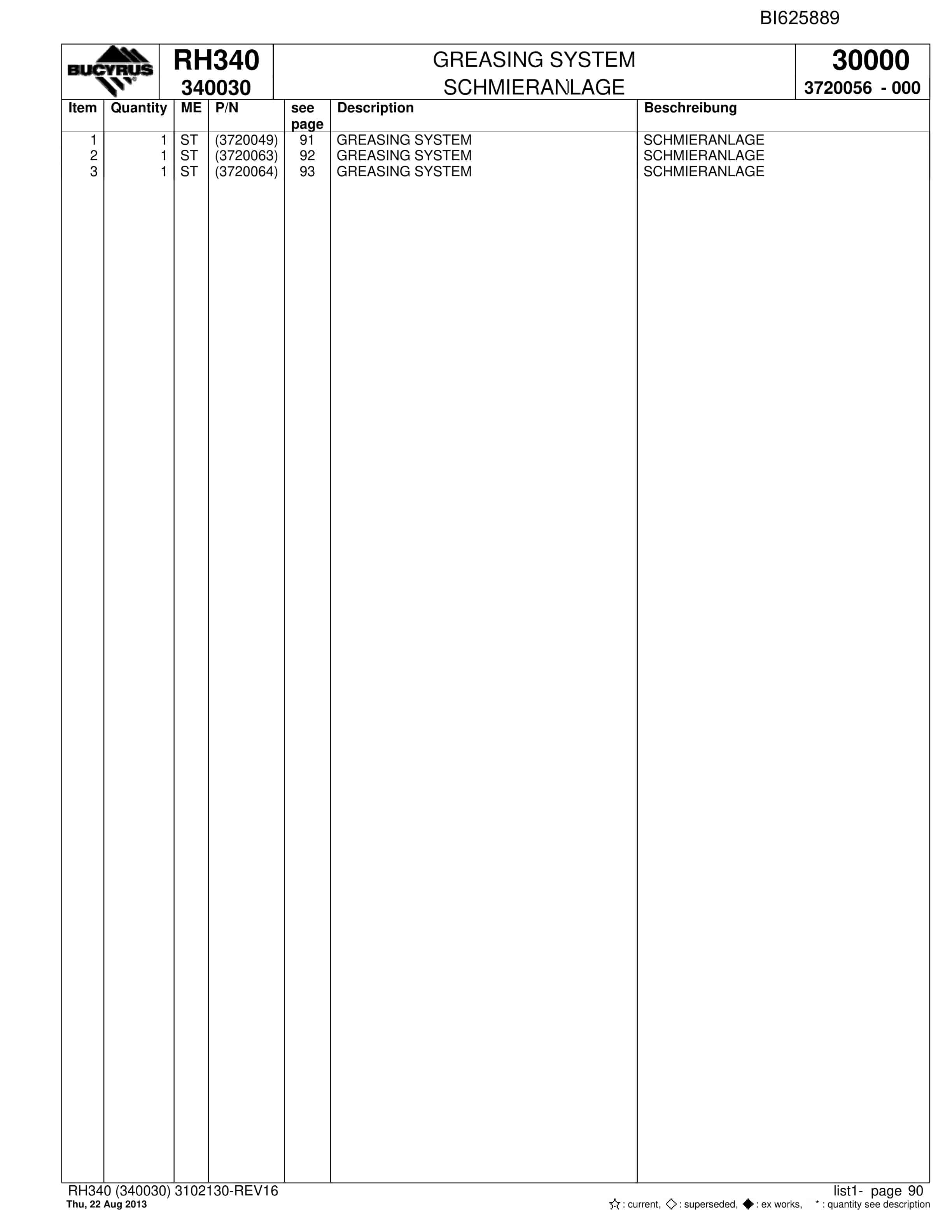 Bucyrus RH340 Hydraulic Excavator Parts Catalog BI625889-3