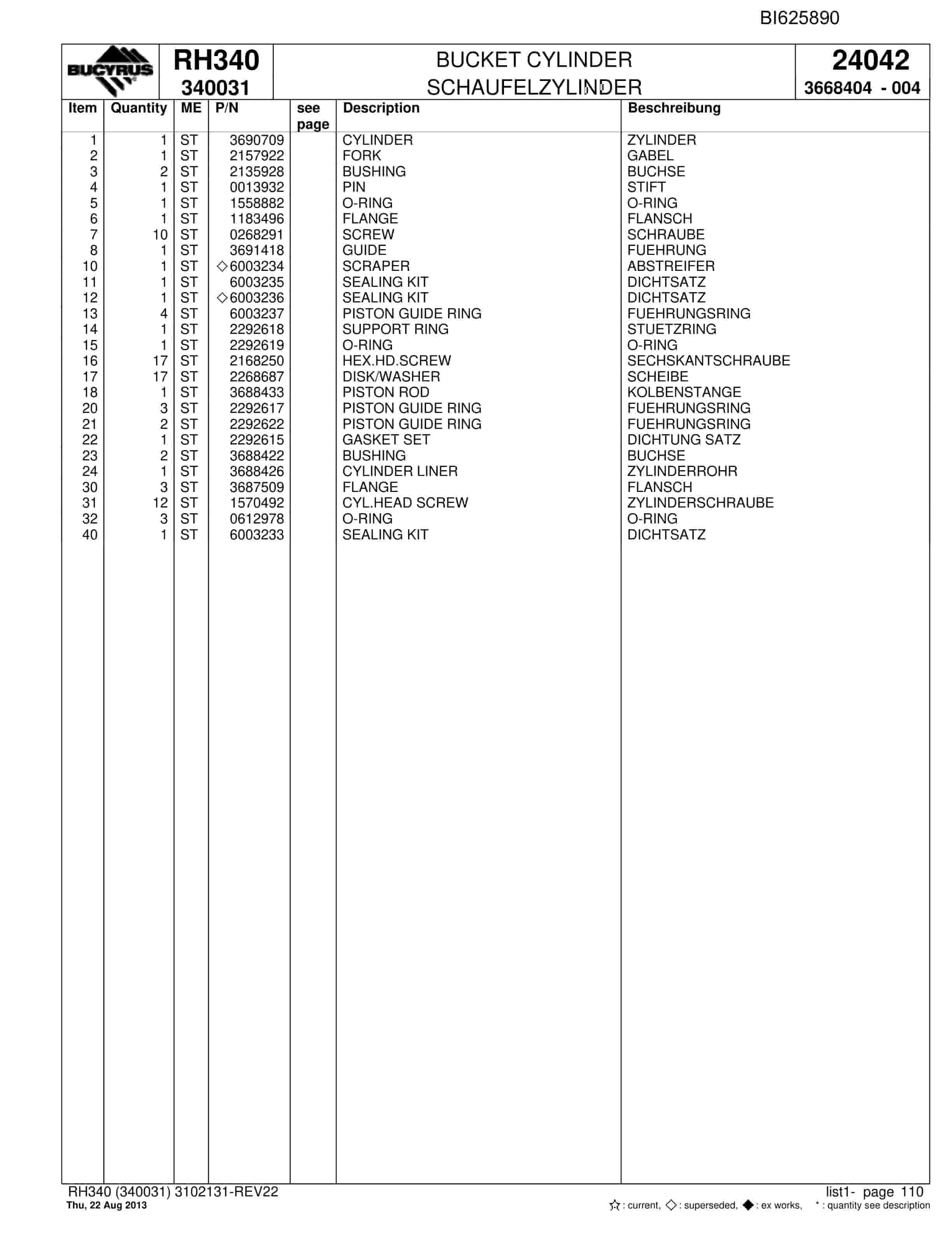 Bucyrus RH340 Hydraulic Excavator Parts Catalog BI625890-3