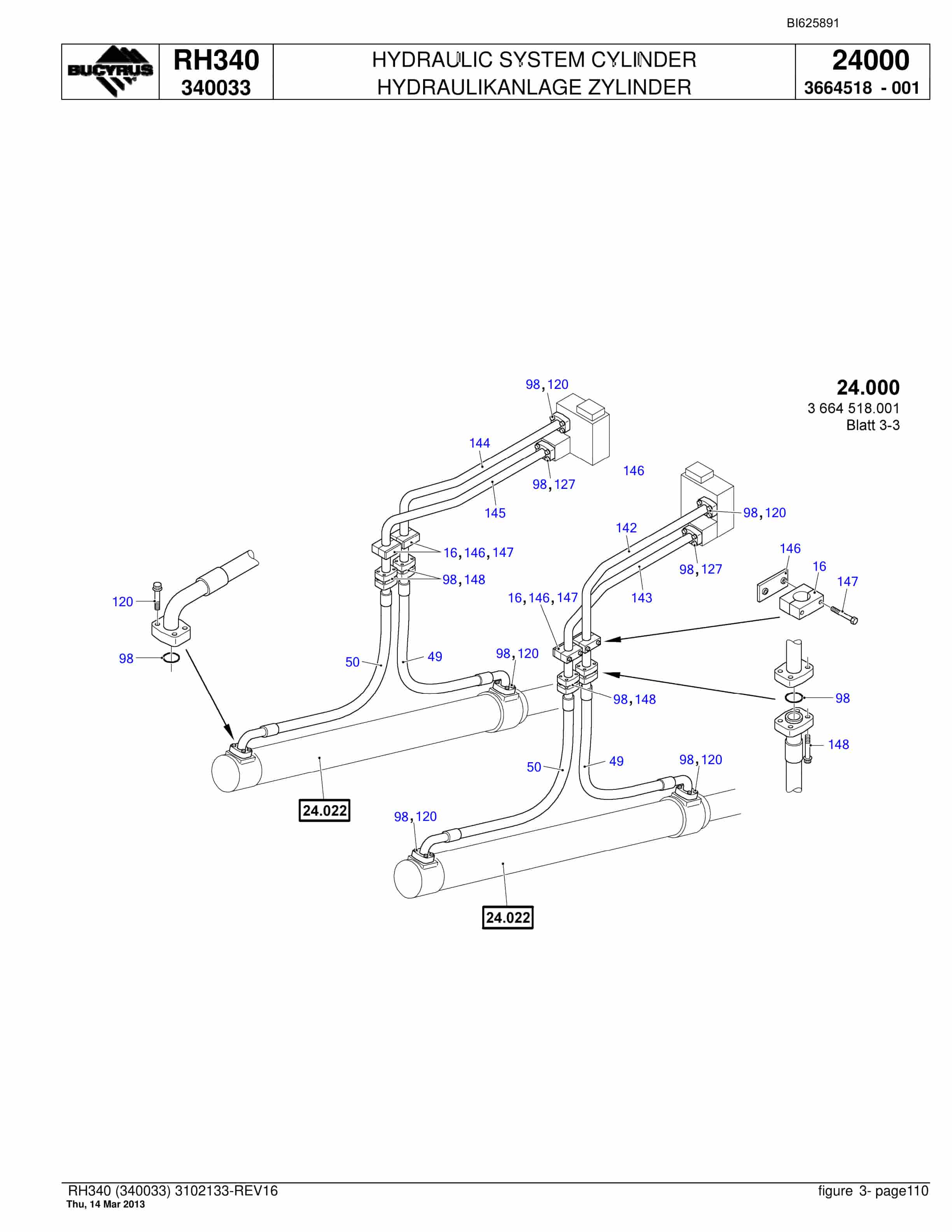 Bucyrus RH340 Hydraulic Excavator Parts Catalog BI625891-3