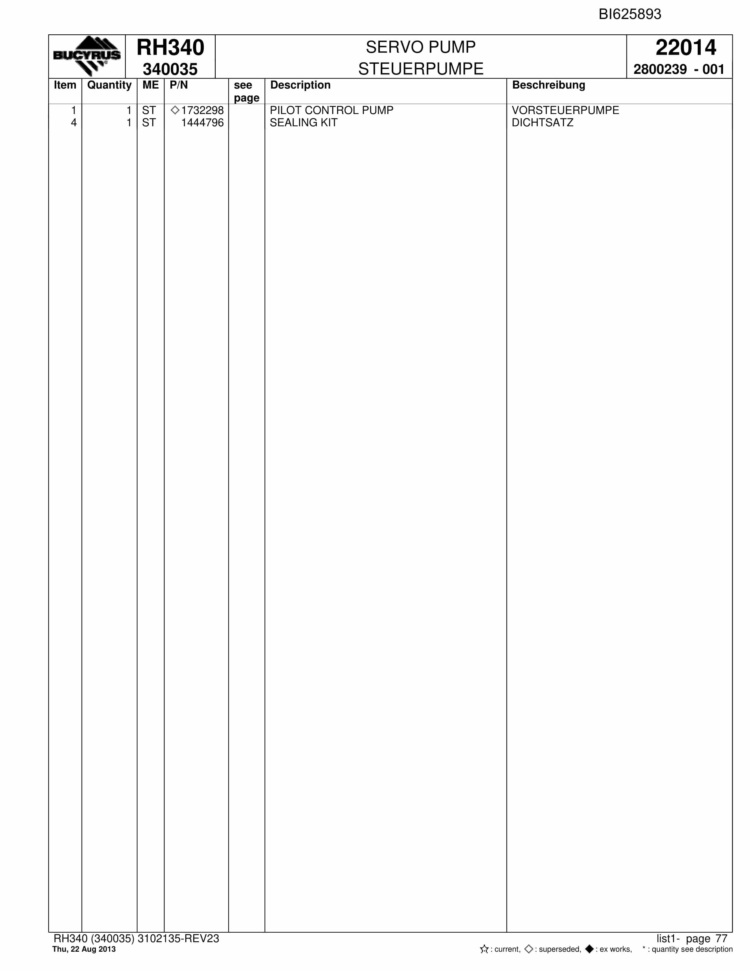 Bucyrus RH340 Hydraulic Excavator Parts Catalog BI625893-2