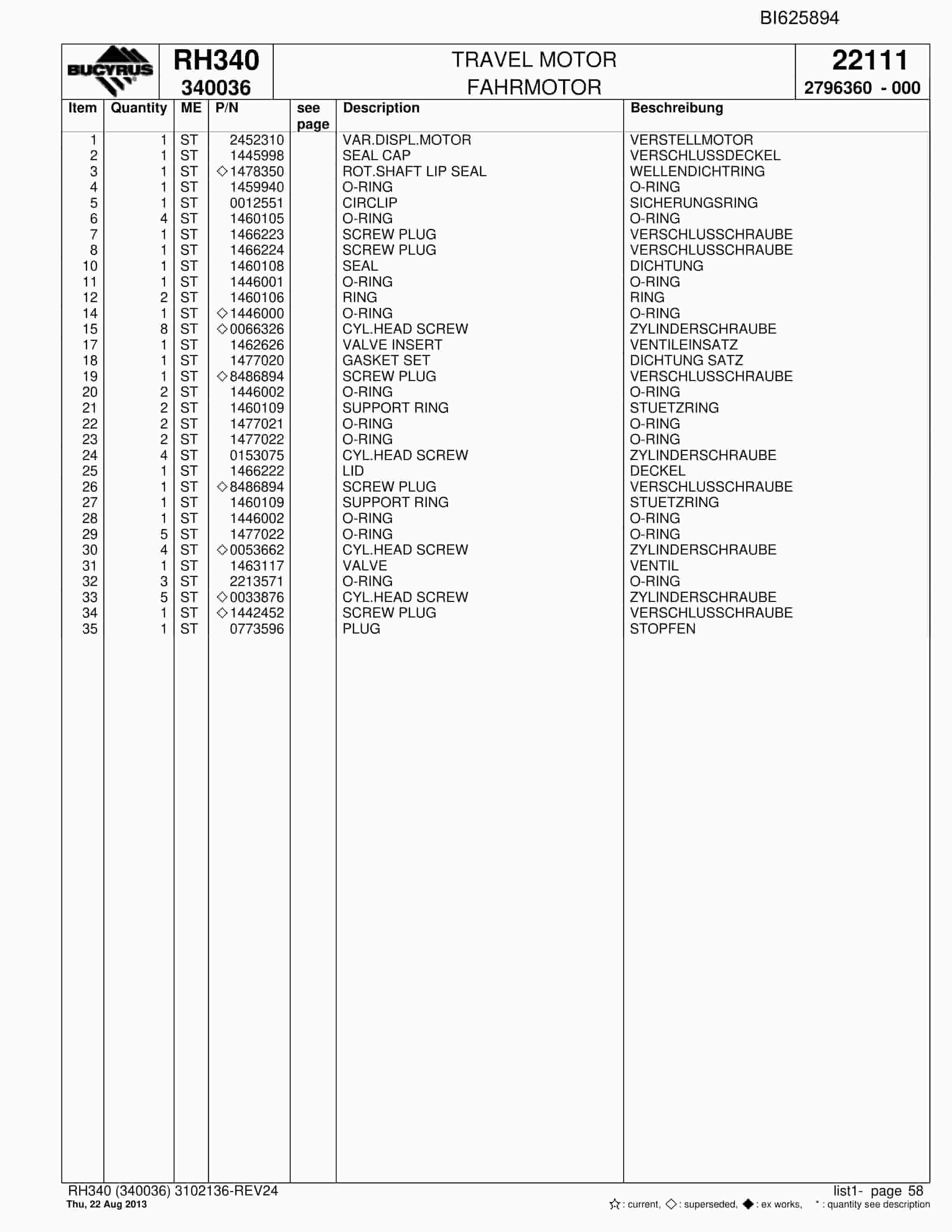 Bucyrus RH340 Hydraulic Excavator Parts Catalog BI625894-2