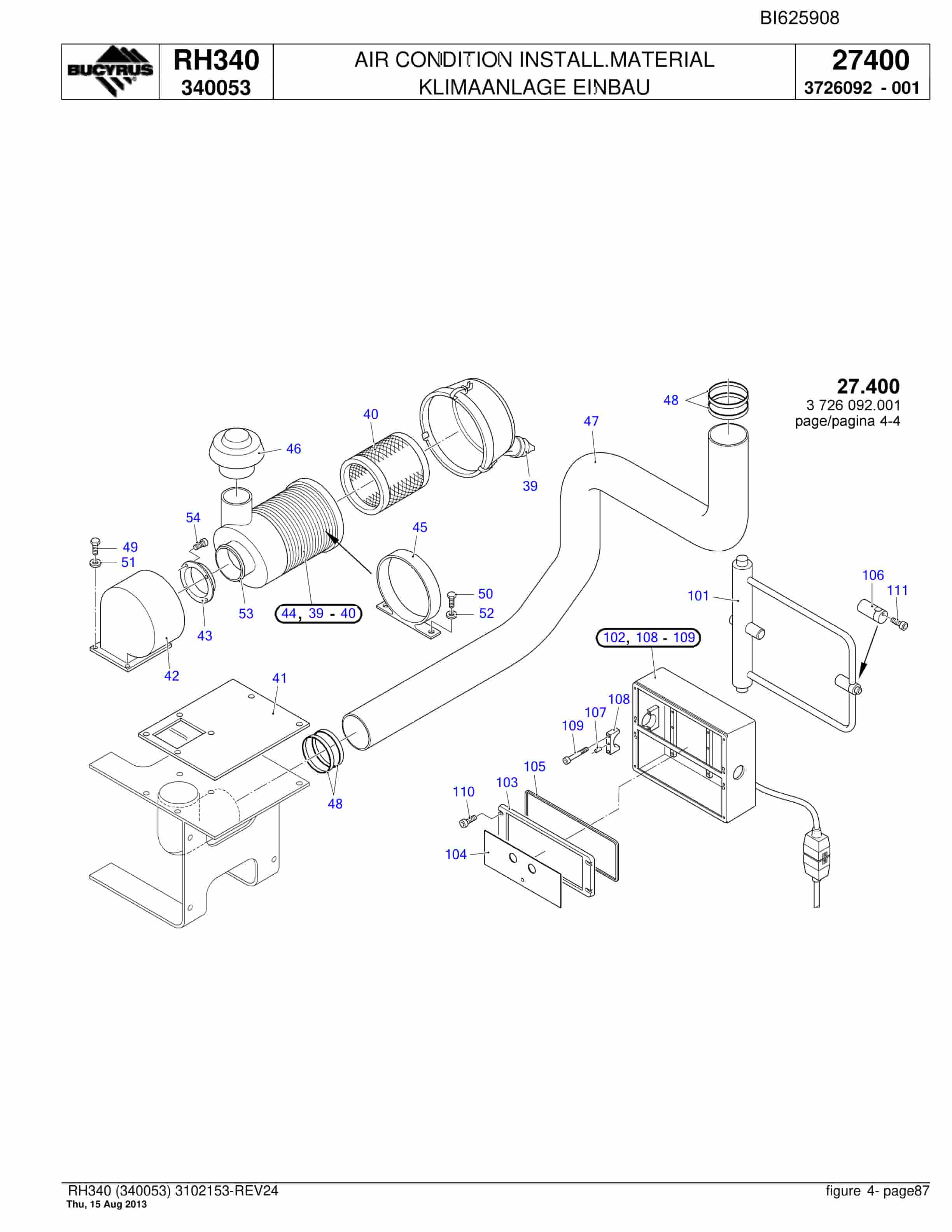 Bucyrus RH340 Hydraulic Excavator Parts Catalog BI625908-3