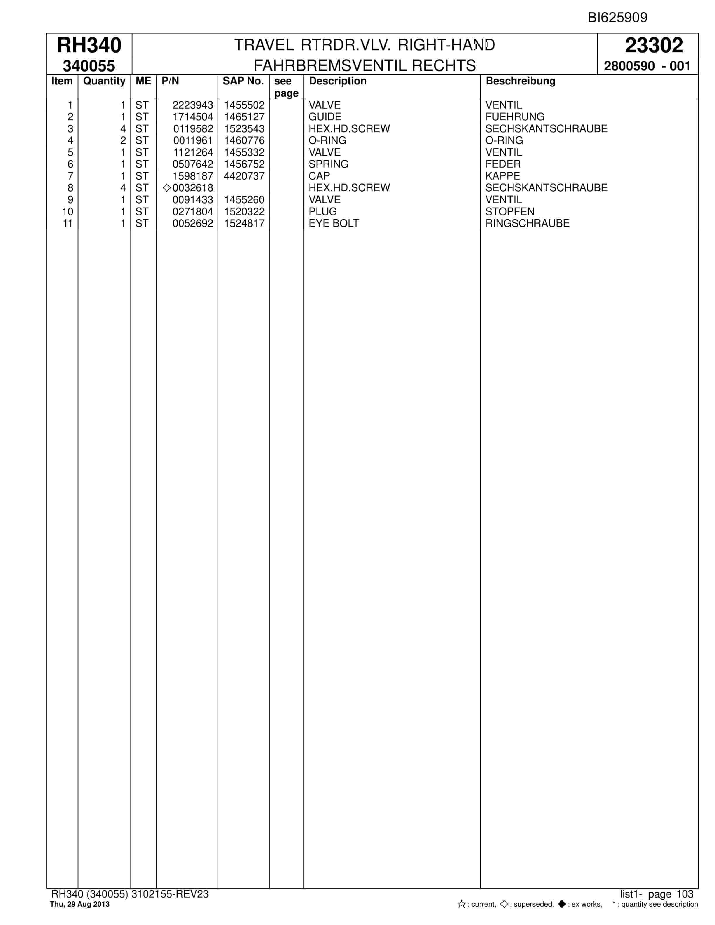 Bucyrus RH340 Hydraulic Excavator Parts Catalog BI625909-3