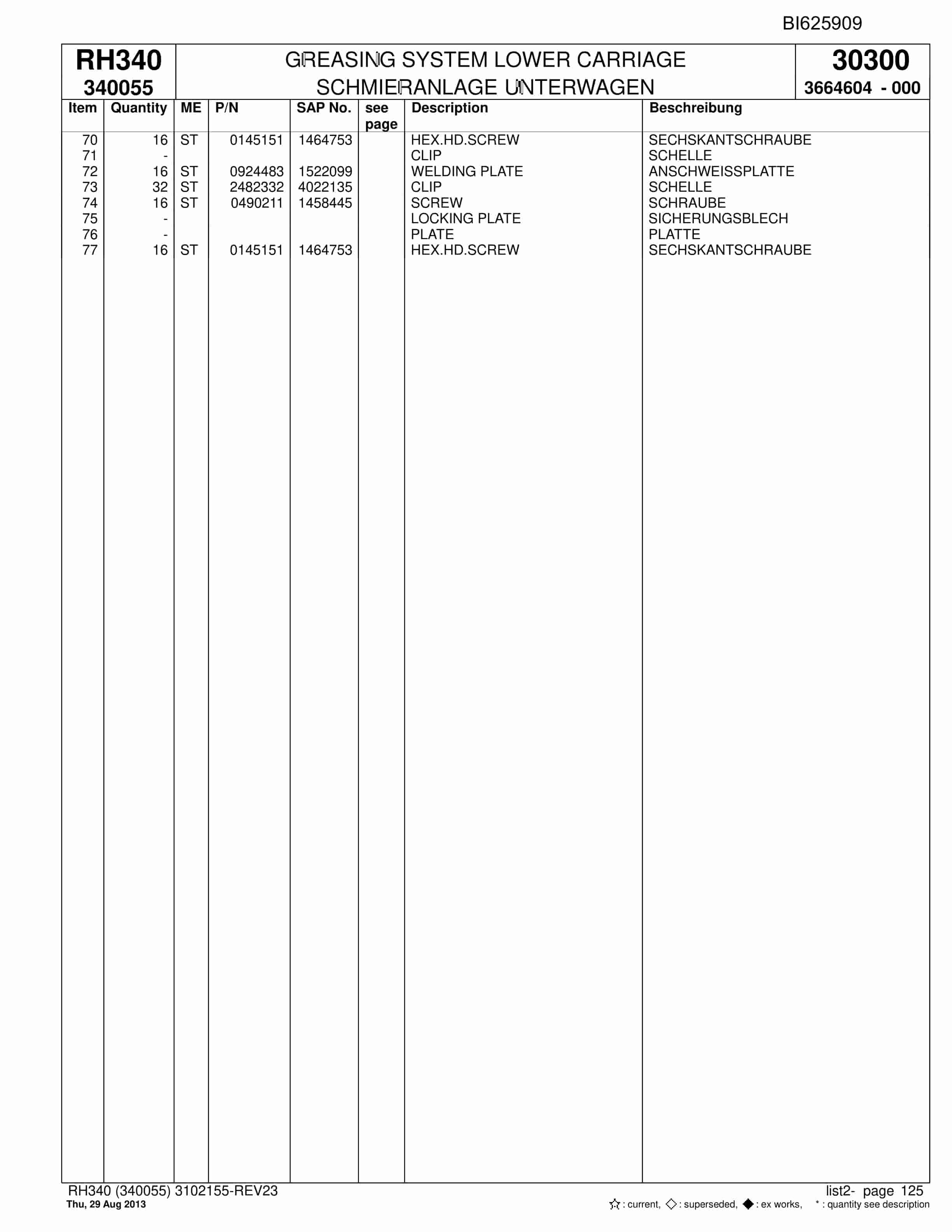 Bucyrus RH340 Hydraulic Excavator Parts Catalog BI625909-5