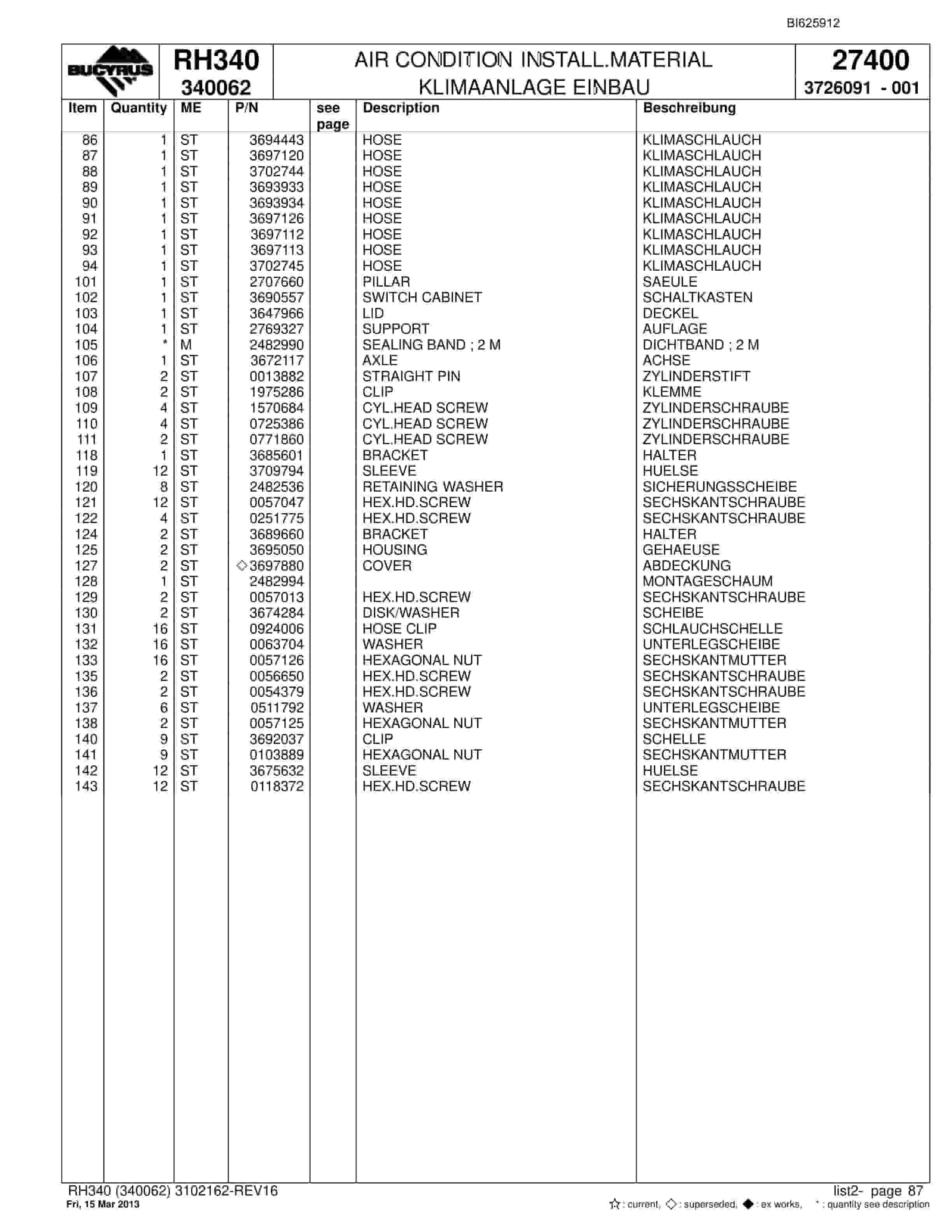 Bucyrus RH340 Hydraulic Excavator Parts Catalog BI625912-3