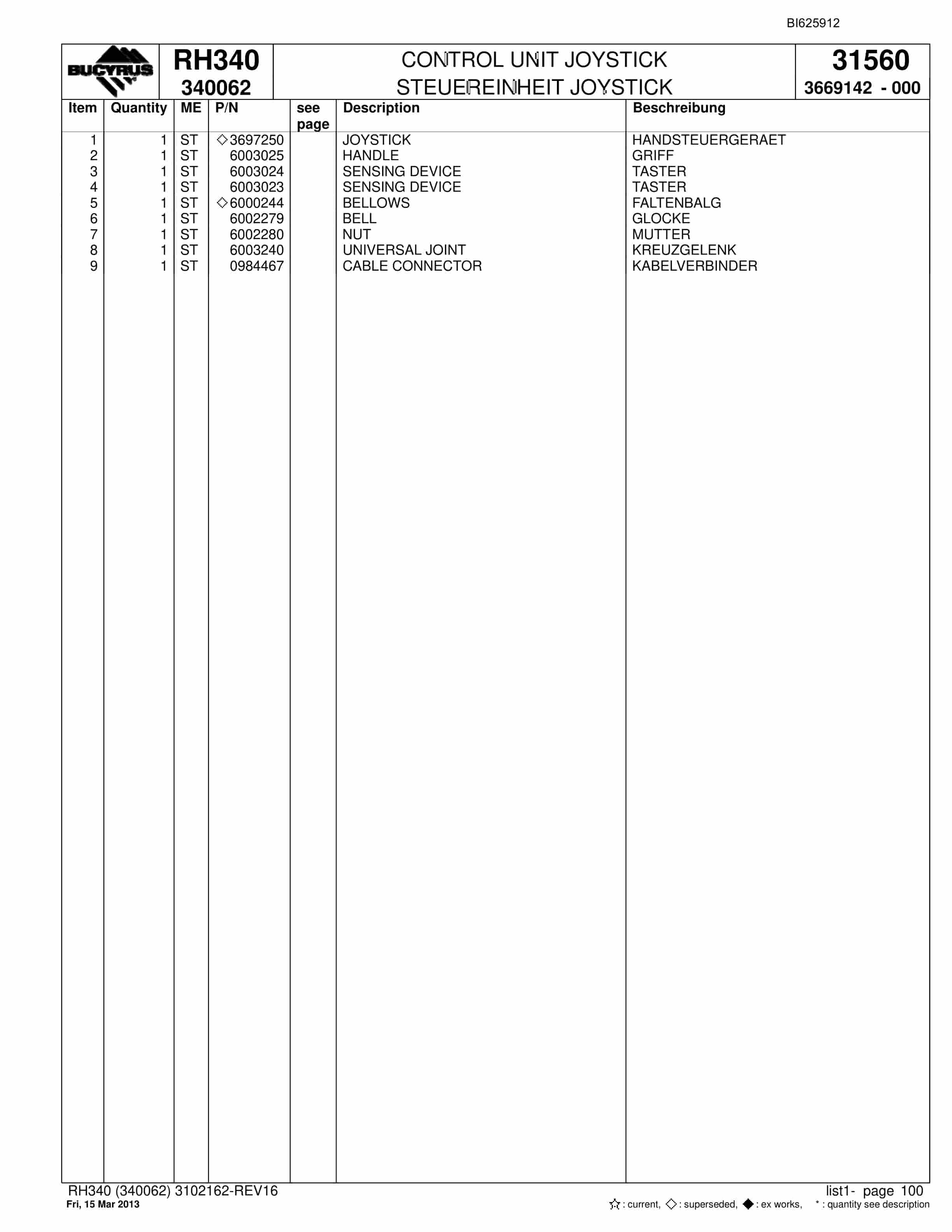 Bucyrus RH340 Hydraulic Excavator Parts Catalog BI625912-4