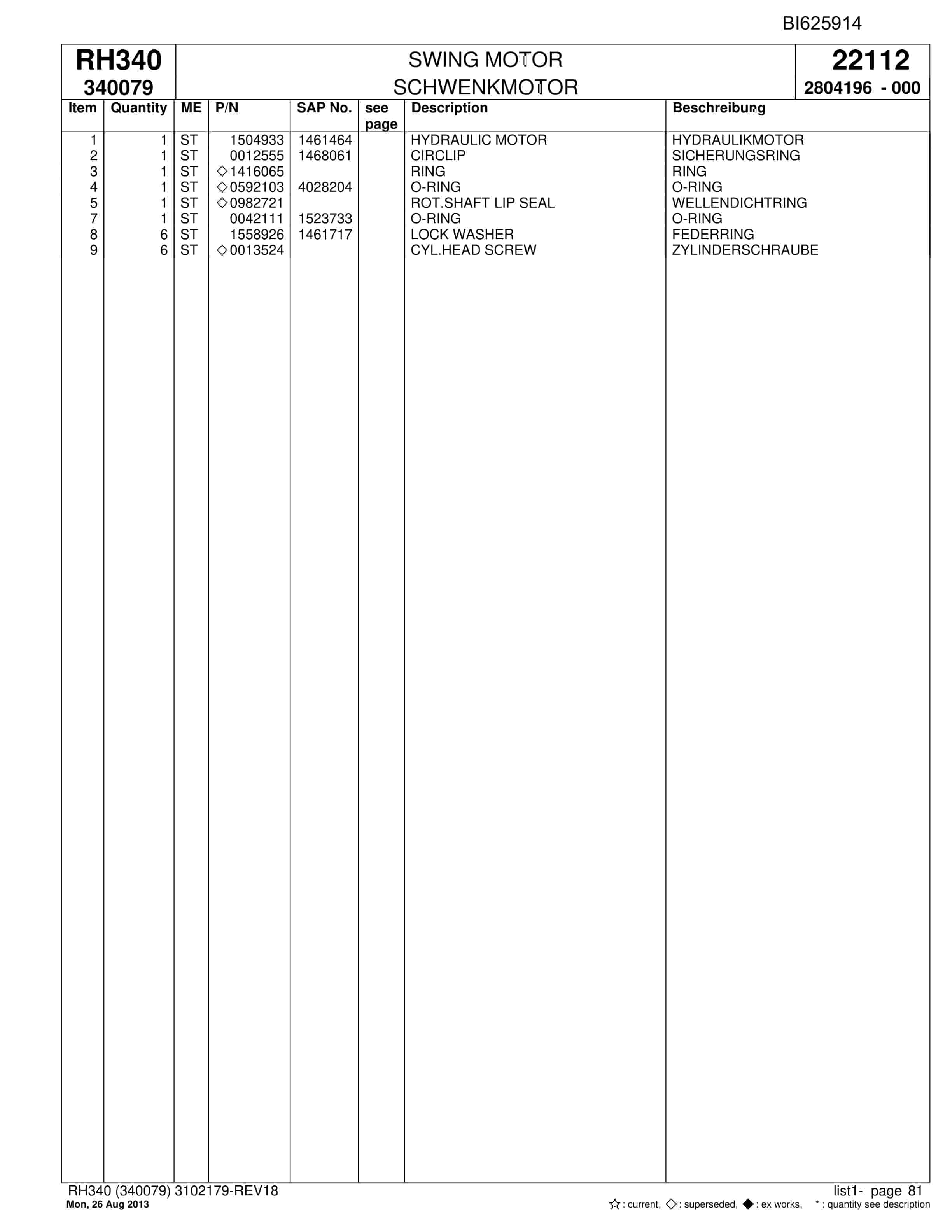 Bucyrus RH340 Hydraulic Excavator Parts Catalog BI625914-2